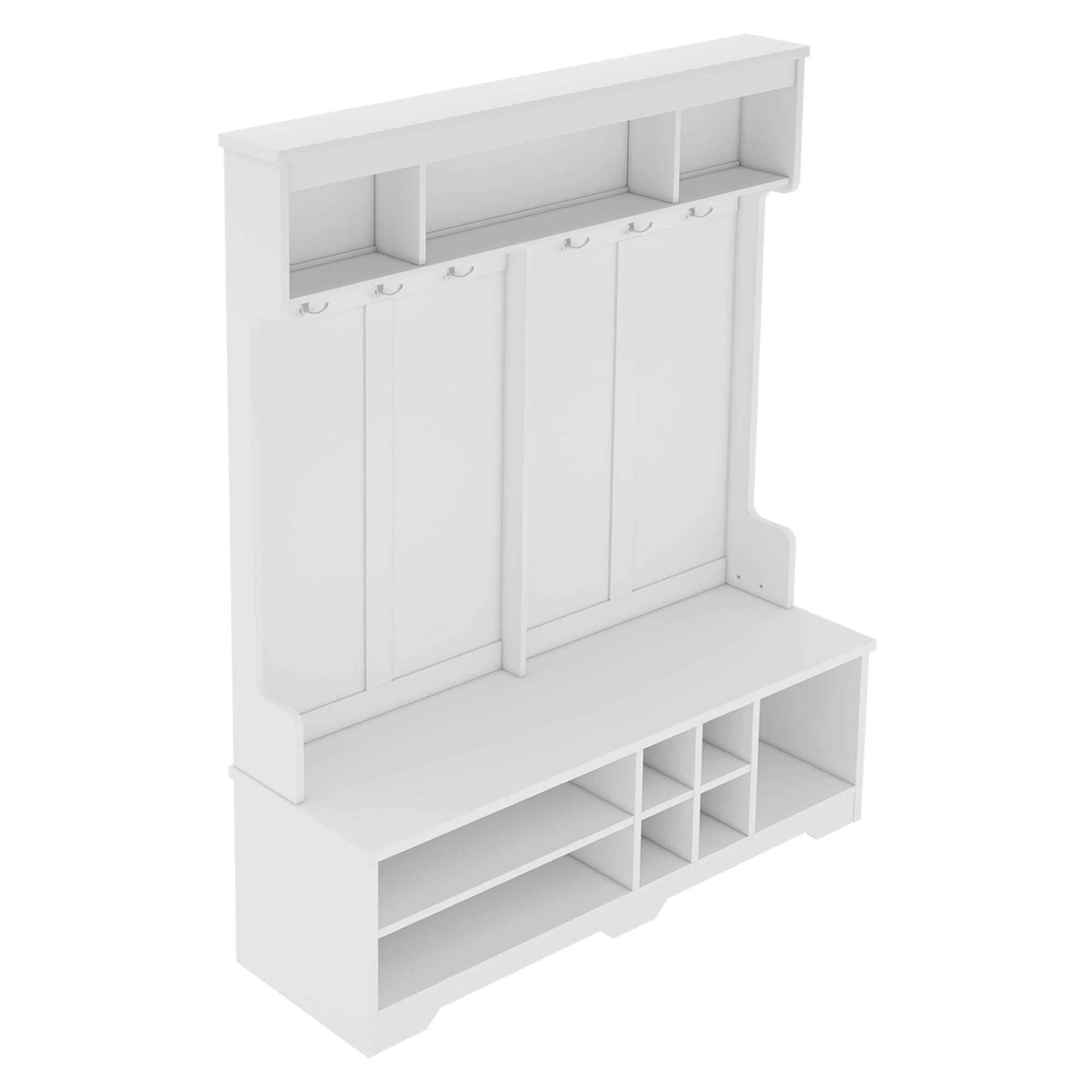 Modern Hallway Hall Tree with Metal Hooks and Storage Space, Multi-Functional Entryway Coat Rack with Shoe Cubbies, White - Grand Goldman Shop