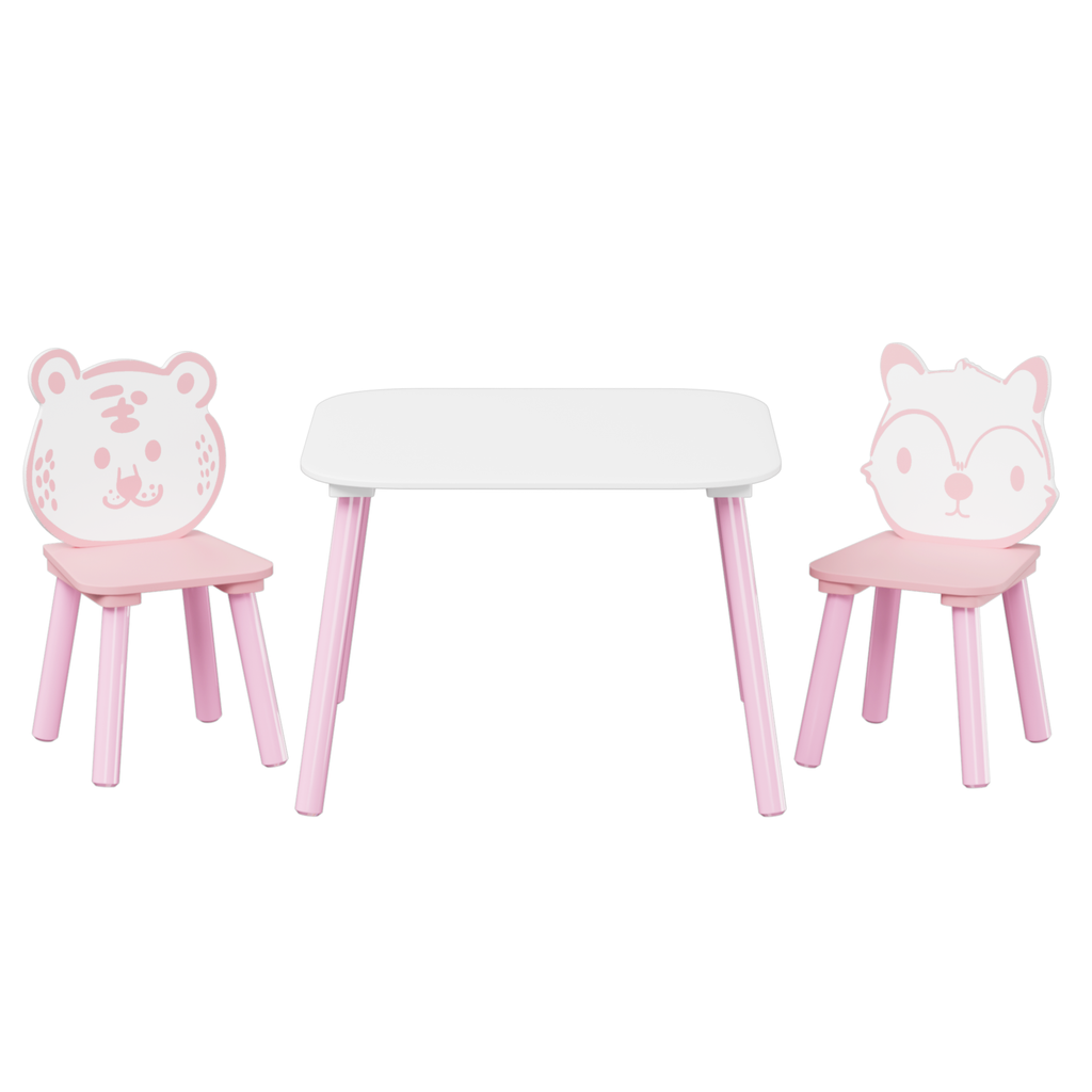 Kids Table and Chair Set, 3-Piece Wooden Toddler Desk with Animal Backrest, Activity Table for Drawing, Learning,Playroom or 