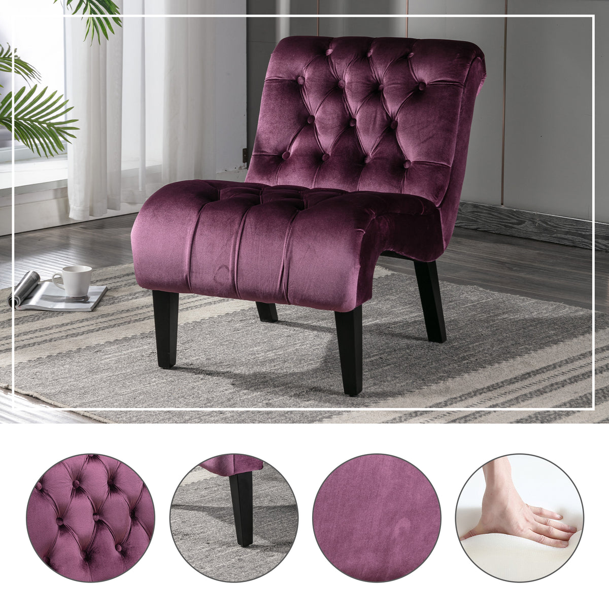 COOLMORE Modern Velvet Armless Accent Living Room Chair / Leisure Chair,Upholstered Fabric Button Comfortable Chair with Wooden Legs for Bedroom, Living Room, Office (Purple Velvet) - Grand Goldman Shop