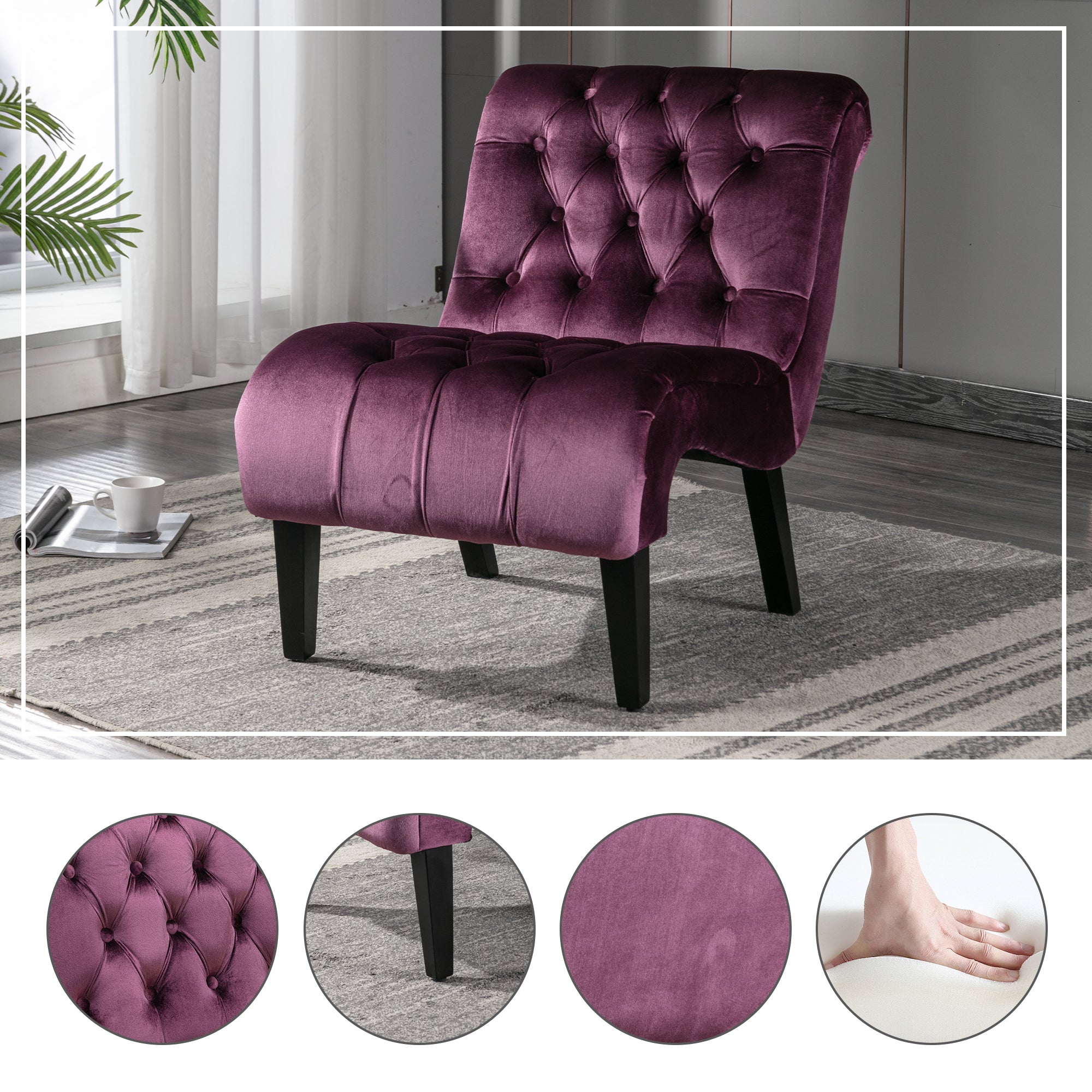 COOLMORE Modern Velvet Armless Accent Living Room Chair / Leisure Chair,Upholstered Fabric Button Comfortable Chair with Wooden Legs for Bedroom, Living Room, Office (Purple Velvet) - Grand Goldman Shop