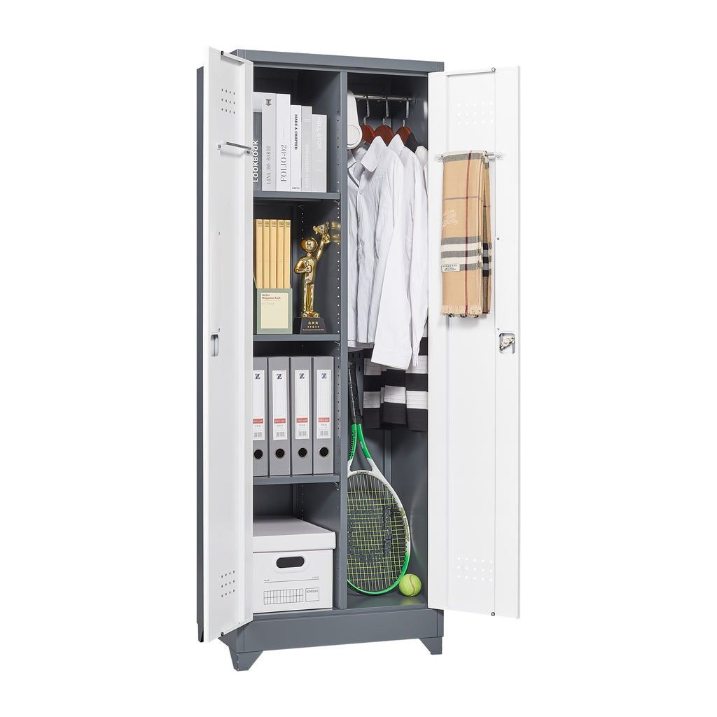Heavy Duty Grey Metal Storage Cabinet with Locking Doors, Hanging Rod & Shelves, 65' H Broom Closet for Garage or Basement | 