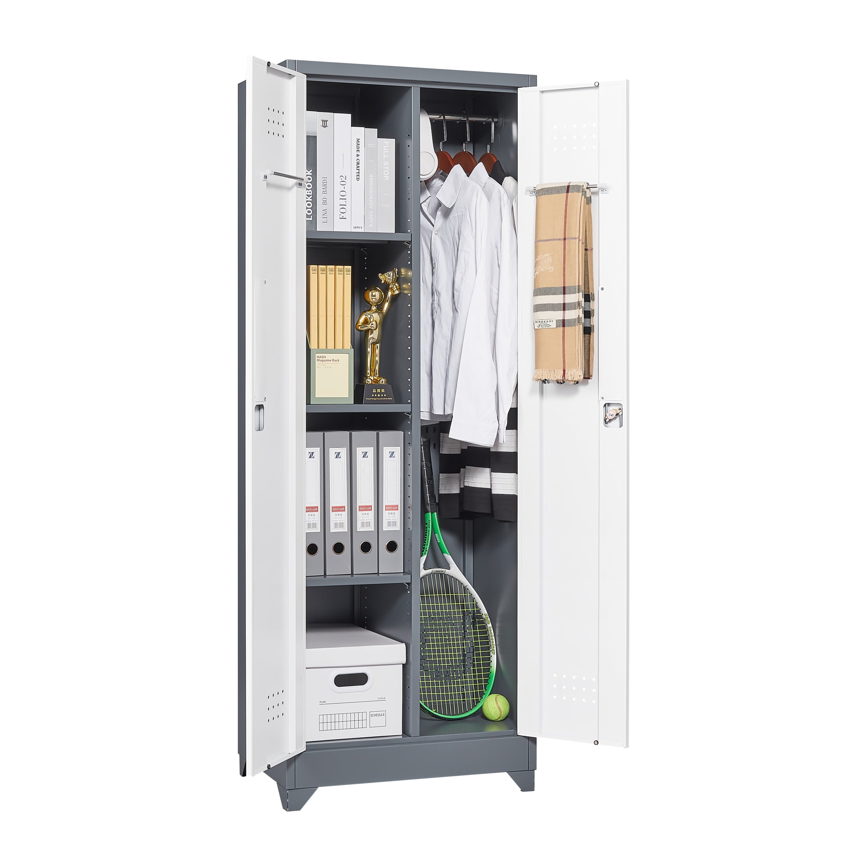 Heavy Duty Grey Metal Storage Cabinet with Locking Doors, Hanging Rod & Shelves, 65' H Broom Closet for Garage or Basement | 