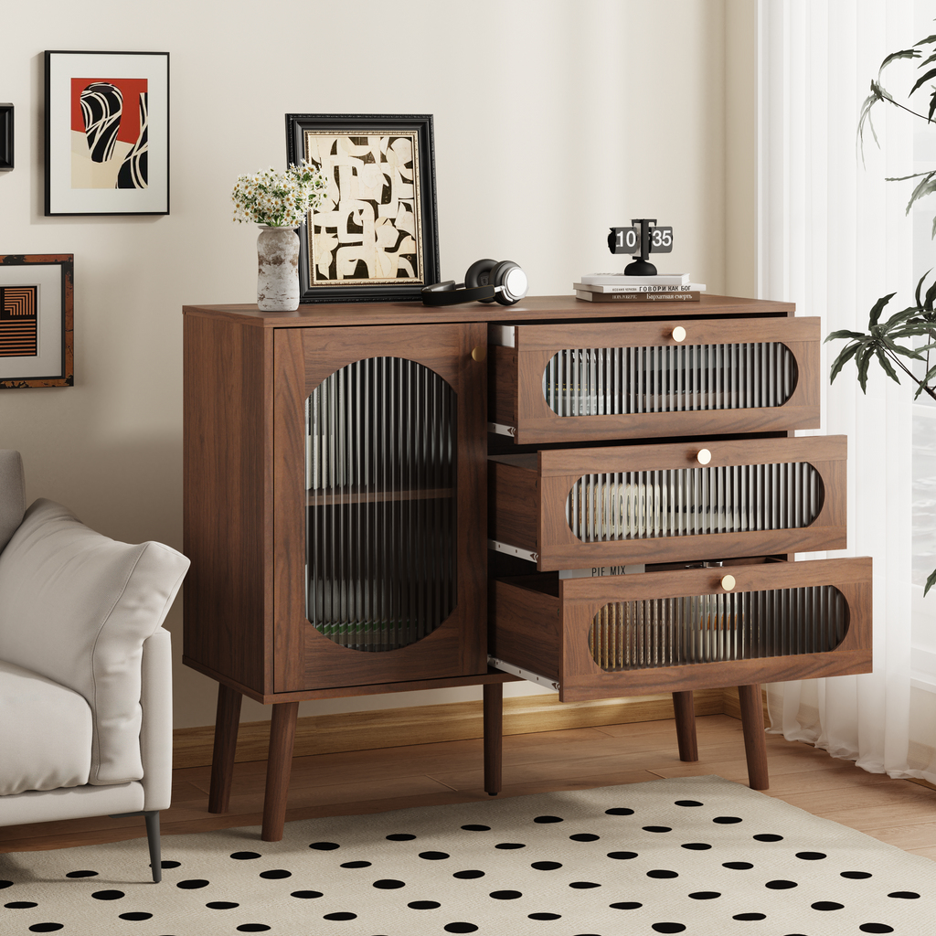 Accent Cabinet with 3 Drawers and Door, Wooden Storage Cabinet with Shelves, Sideboard for Living Room, Entryway, Natural - Grand Goldman Shop
