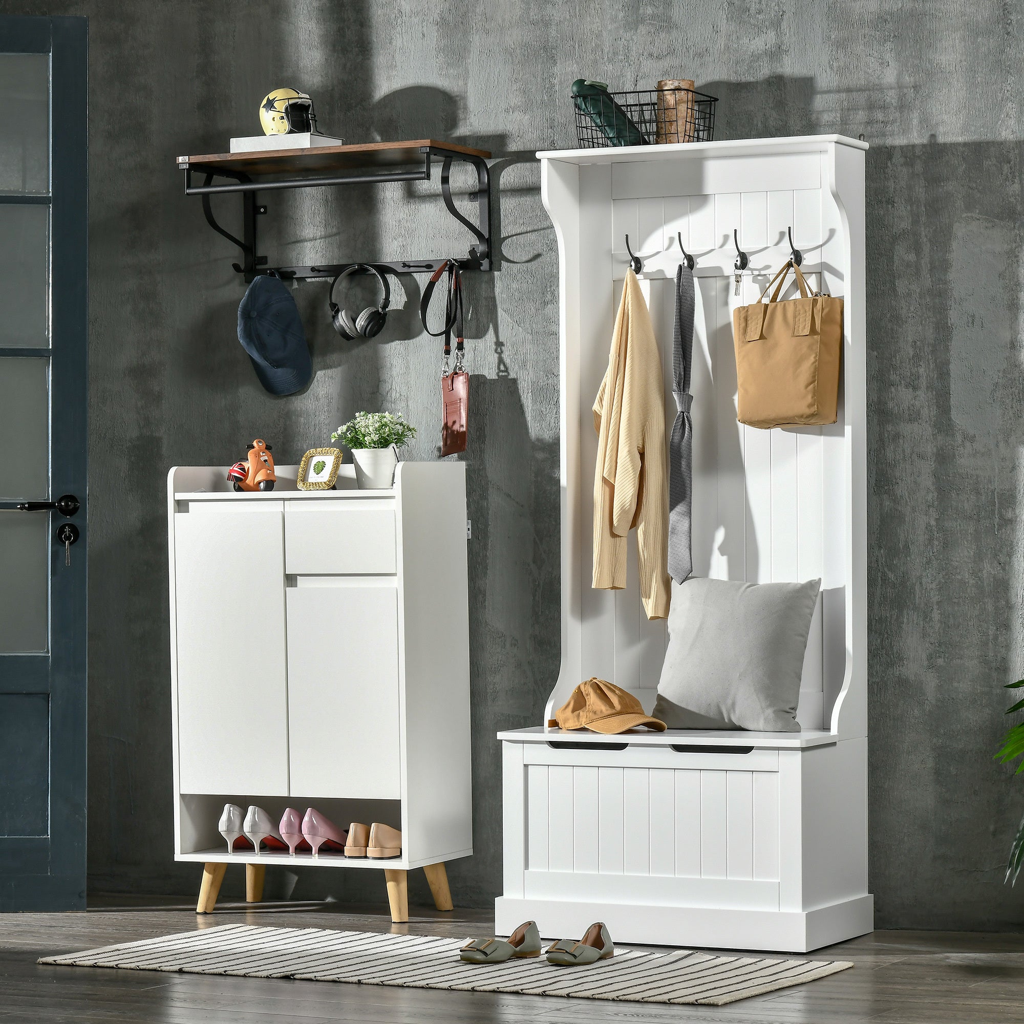 HOMCOM Hall Tree with Coat Rack, Storage and Sitting Bench, White - Grand Goldman Shop
