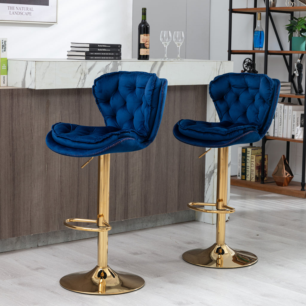 Set of 2  Bar Stools,with Chrome Footrest and Base Swivel Height Adjustable Mechanical Lifting Velvet + Golden Leg Simple Bar Stool-blue - Grand Goldman Shop
