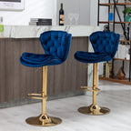 Set of 2  Bar Stools,with Chrome Footrest and Base Swivel Height Adjustable Mechanical Lifting Velvet + Golden Leg Simple Bar Stool-blue - Grand Goldman Shop