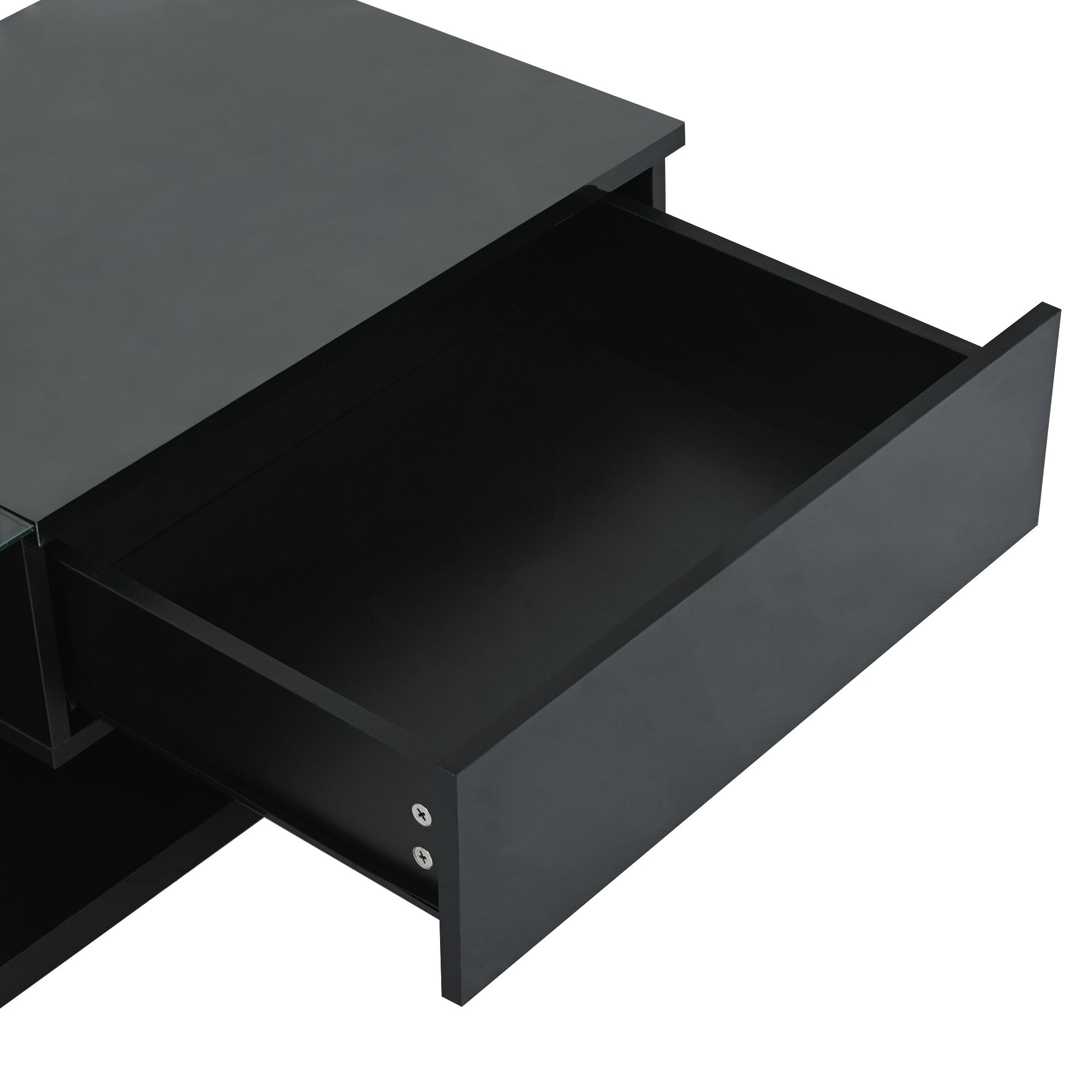 [VIDEO provided] ON-TREND Modern Coffee Table with Tempered Glass, Wooden Cocktail Table with High-gloss UV Surface, Modernist 2-Tier Rectangle Center Table for Living Room, Black - Grand Goldman Shop