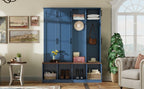 Farmhouse Hall Tree with 4 Hidden Hanging Hooks, Versatile Walnut Seating Bench with 8 Doors, Entryway Shoe Cabinet with Open Compartment for Living Room, Blue (OLD SKU:N721S000059C) - Grand Goldman Shop
