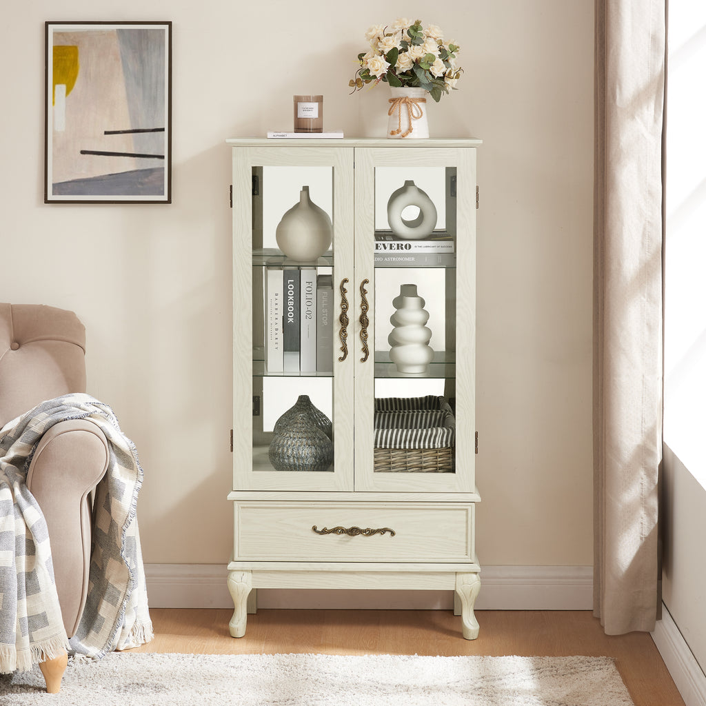 Curio Cabinet Lighted Glass Cabinet Glass Wine Cabinet Curio Display Cabinet with Adjustable Glass Shelves 2 Doors and 1 drawer Cabinet Sideboard With Bulb Included Antique White - Grand Goldman Shop