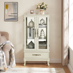 Curio Cabinet Lighted Glass Cabinet Glass Wine Cabinet Curio Display Cabinet with Adjustable Glass Shelves 2 Doors and 1 drawer Cabinet Sideboard With Bulb Included Antique White - Grand Goldman Shop