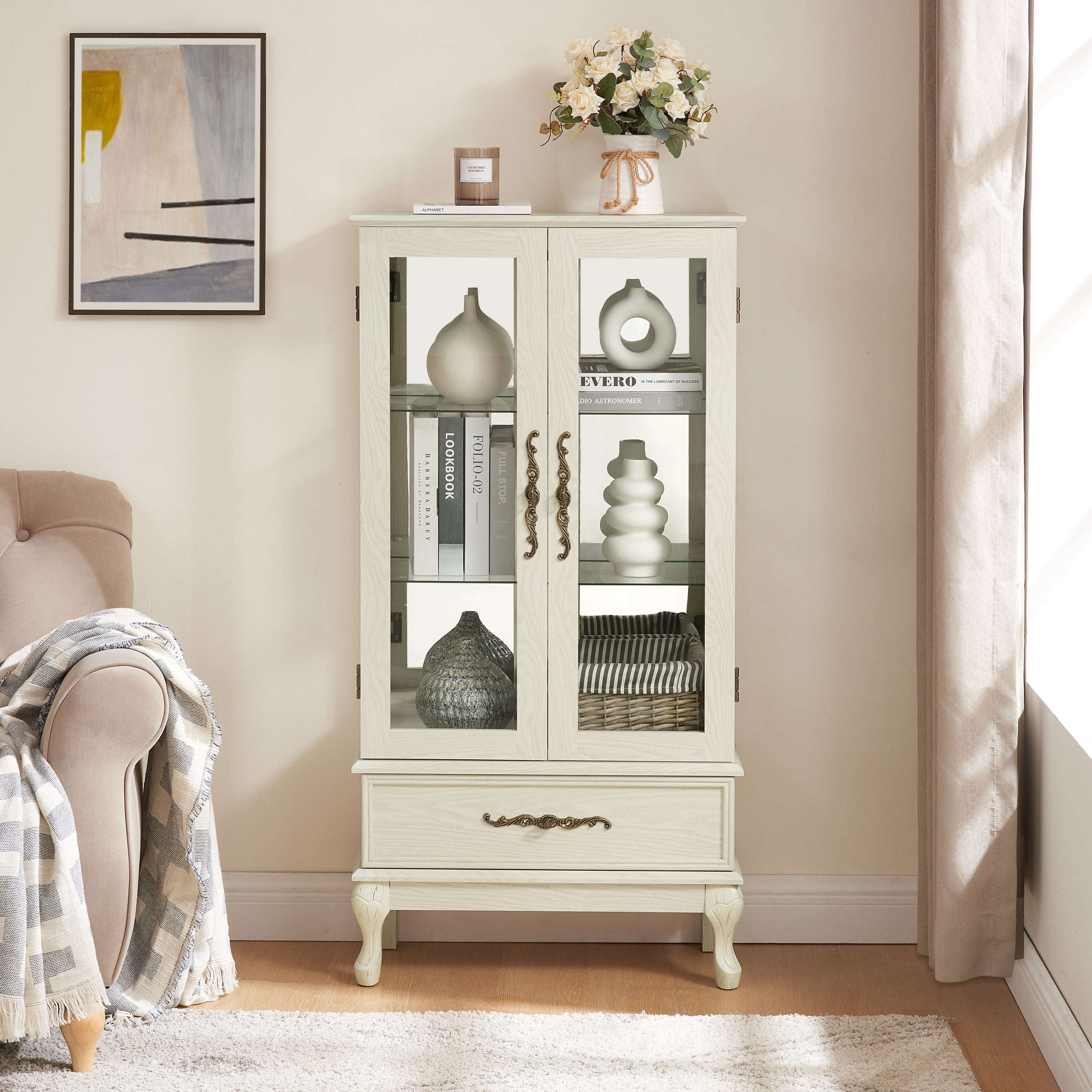 Curio Cabinet Lighted Glass Cabinet Glass Wine Cabinet Curio Display Cabinet with Adjustable Glass Shelves 2 Doors and 1 drawer Cabinet Sideboard With Bulb Included Antique White - Grand Goldman Shop
