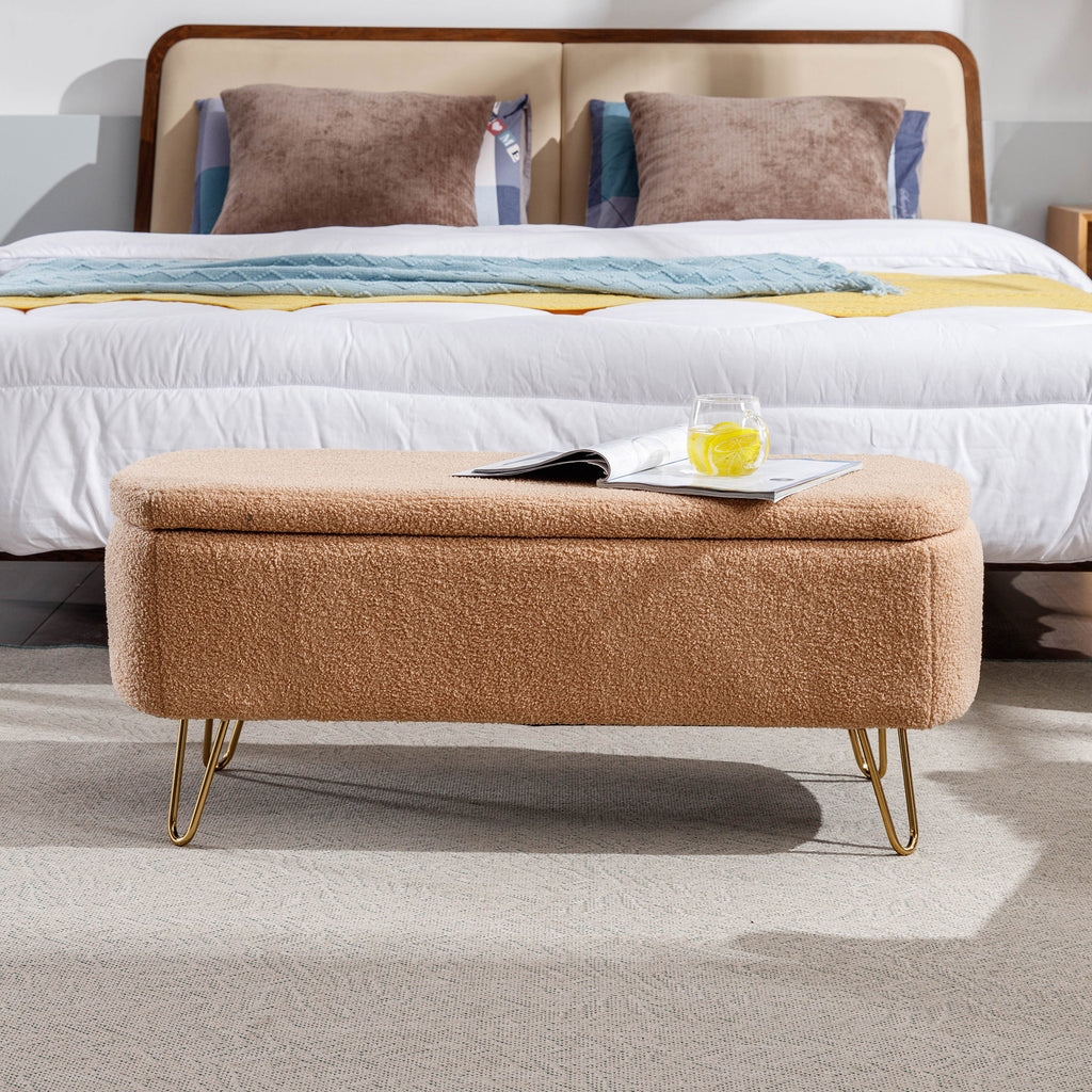 Camel Storage Ottoman Bench for End of Bed Gold Legs, Modern Camel Faux Fur Entryway Bench Upholstered Padded with Storage for Living Room Bedroom - Grand Goldman Shop