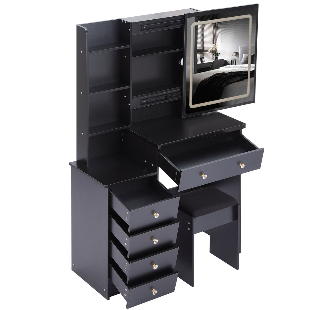 37' Middle Size Left Bedside Cabinet Vanity Table + Cushioned Stool Dresser Set, 2 AC+2 USB Socket, Hair Dryer Stand, Large Touch Control LED Sliding Mirror, 3-color Switch, EPA, GCC, UL Certificate - Grand Goldman Shop