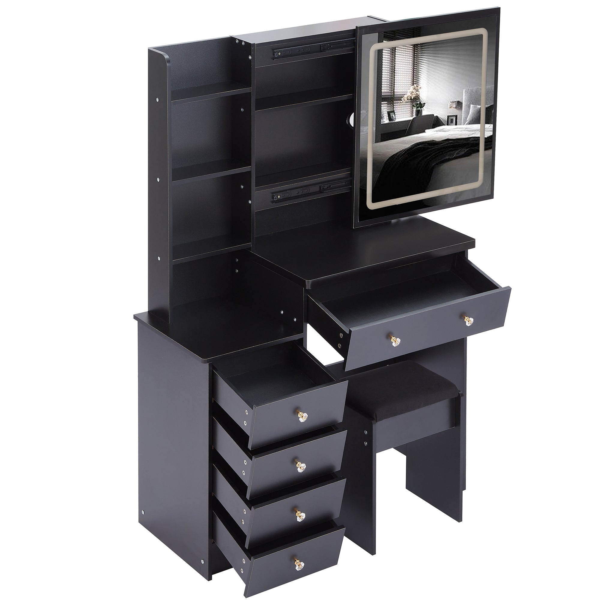 37' Middle Size Left Bedside Cabinet Vanity Table + Cushioned Stool Dresser Set, 2 AC+2 USB Socket, Hair Dryer Stand, Large Touch Control LED Sliding Mirror, 3-color Switch, EPA, GCC, UL Certificate - Grand Goldman Shop