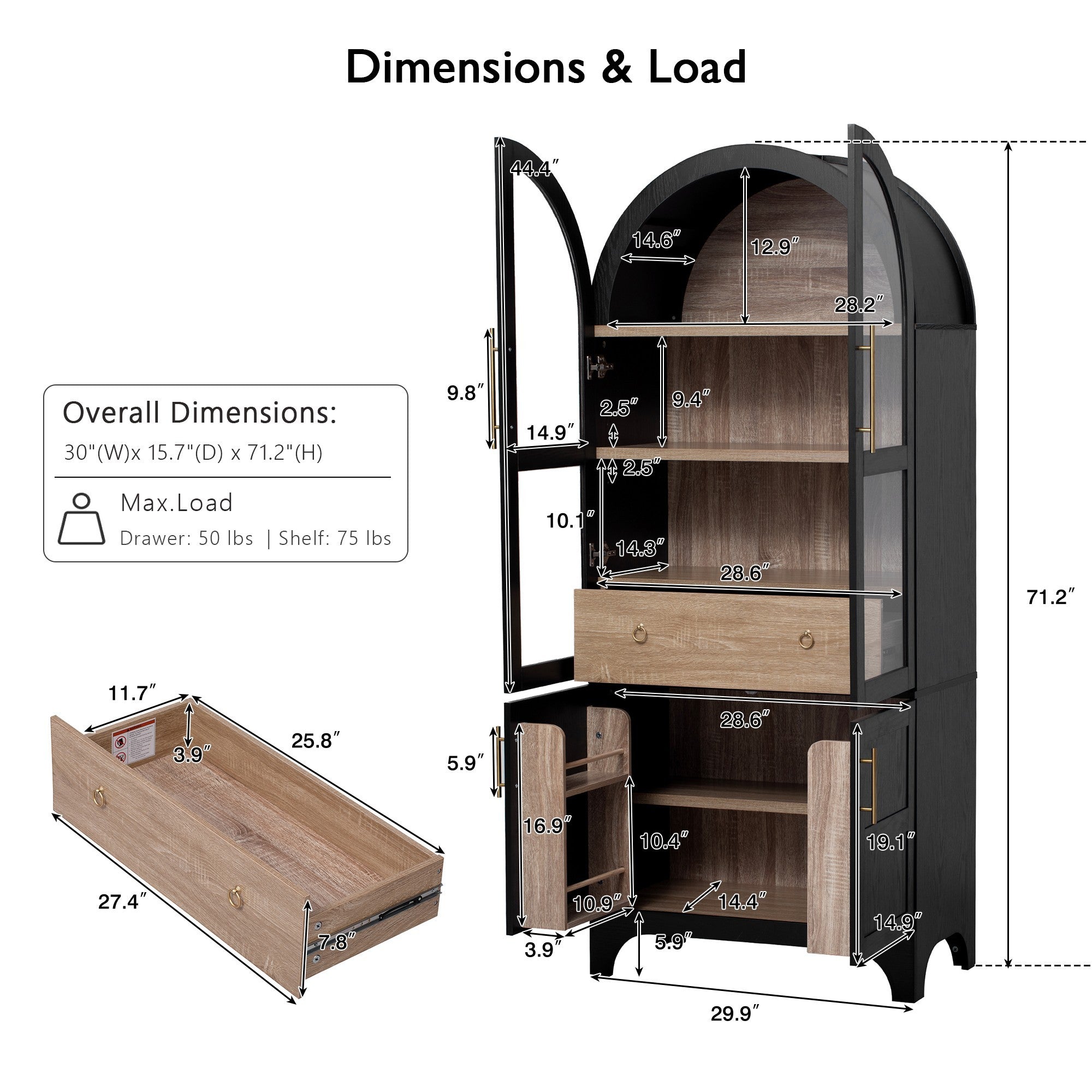K&K 71' Tall Arched Kitchen Pantry Cabinet with Door Shelves, Farmhouse Kitchen Storage Cabinet with Open & Adjustable Shelves, Hidden Drawer & Glass Door, Cupboard for Kitchen, Dining Room, Black - Grand Goldman Shop
