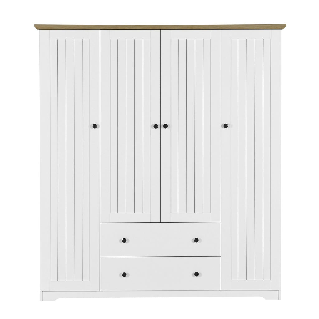 White 4 Door Wardrobe Armoire with 2 Drawers, Pine Wood + MDF, 60.6''L x 20.8''W x 68.5''H - Grand Goldman Shop