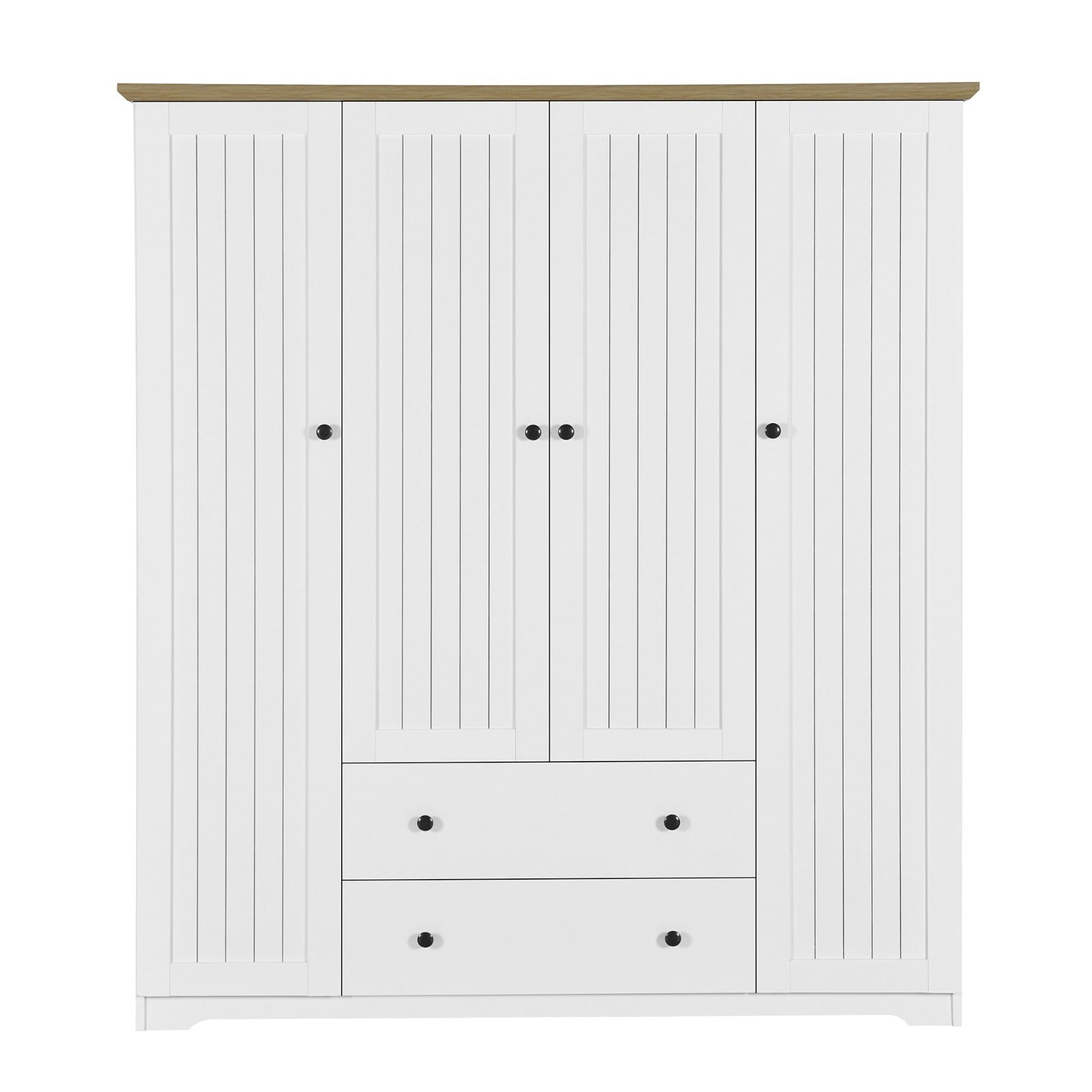 White 4 Door Wardrobe Armoire with 2 Drawers, Pine Wood + MDF, 60.6''L x 20.8''W x 68.5''H - Grand Goldman Shop