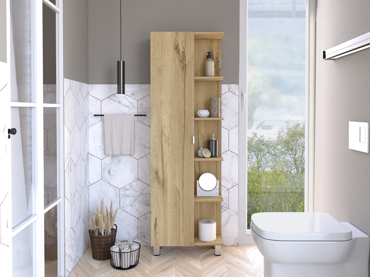Urano Mirror Linen Cabinet, Four Interior  Shelves, Five External Shelves -Light Oak - Grand Goldman
