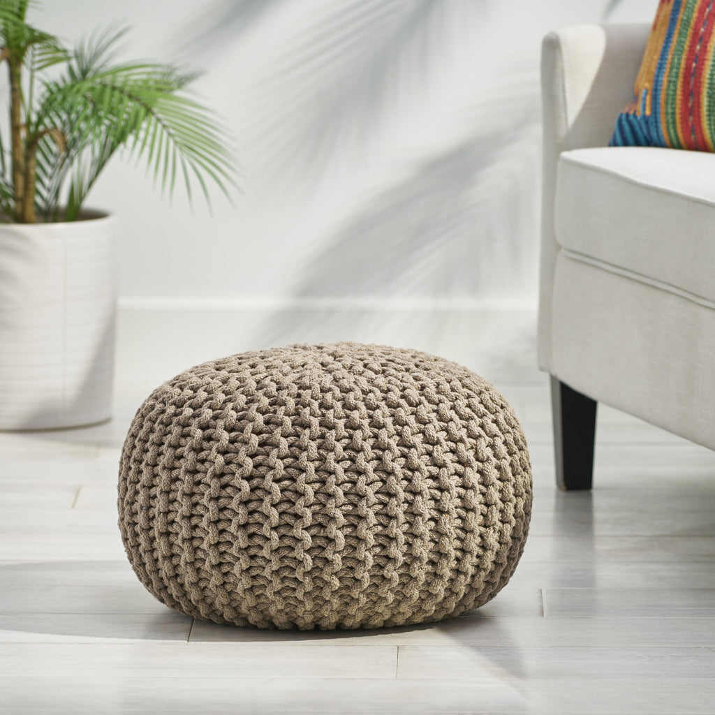 Moro Knitted Cotton Round Pouf with Pumpkin Shape in Brown, 20 x 20 inches - Grand Goldman Shop