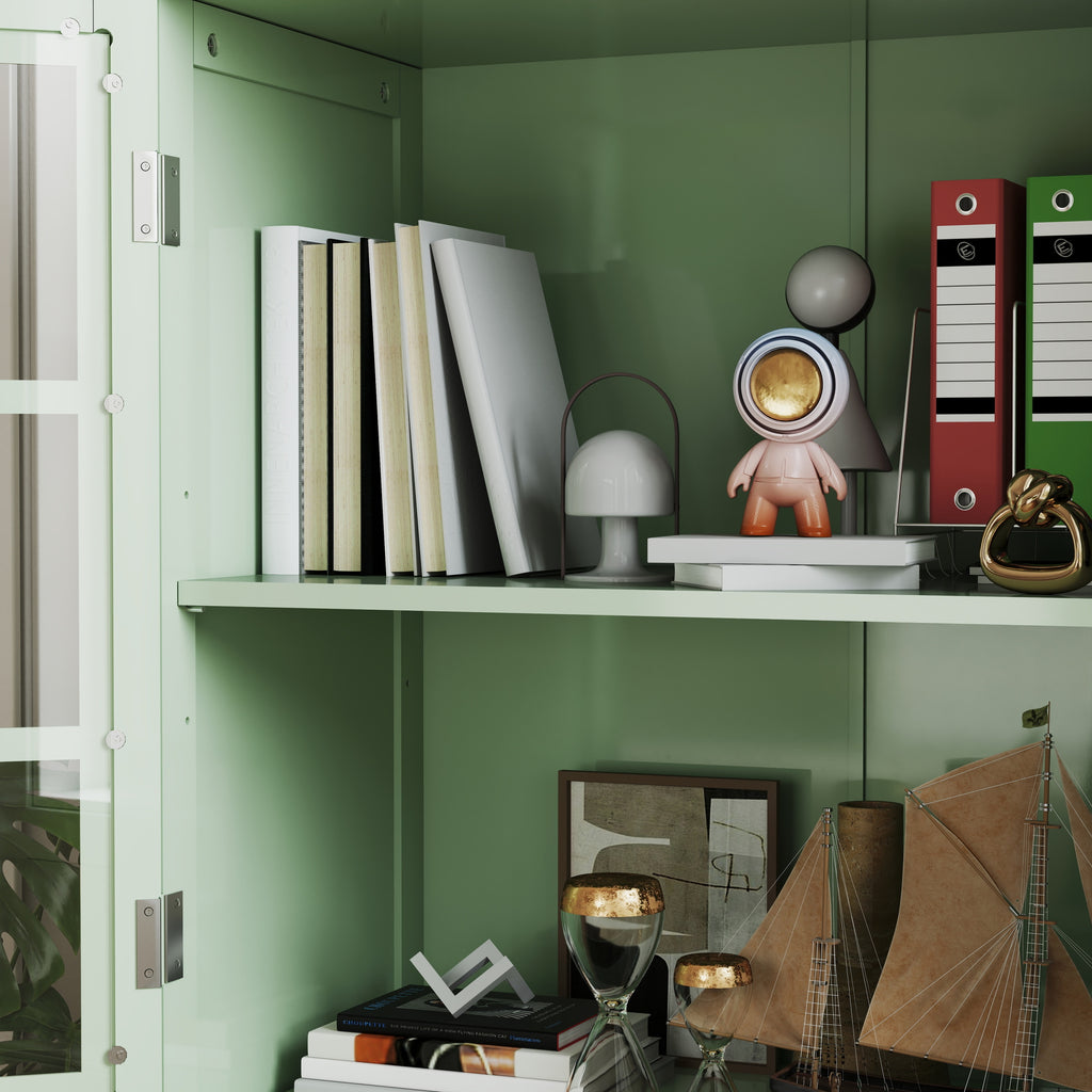 Minimalism Buffet Cabinet with Double Glass Doors and Drawer, Modern Wooden Storage Sideboard Cupboard, Mint Green, MDF and Solid Wood, 28''x15''x36.22'' - Grand Goldman Shop