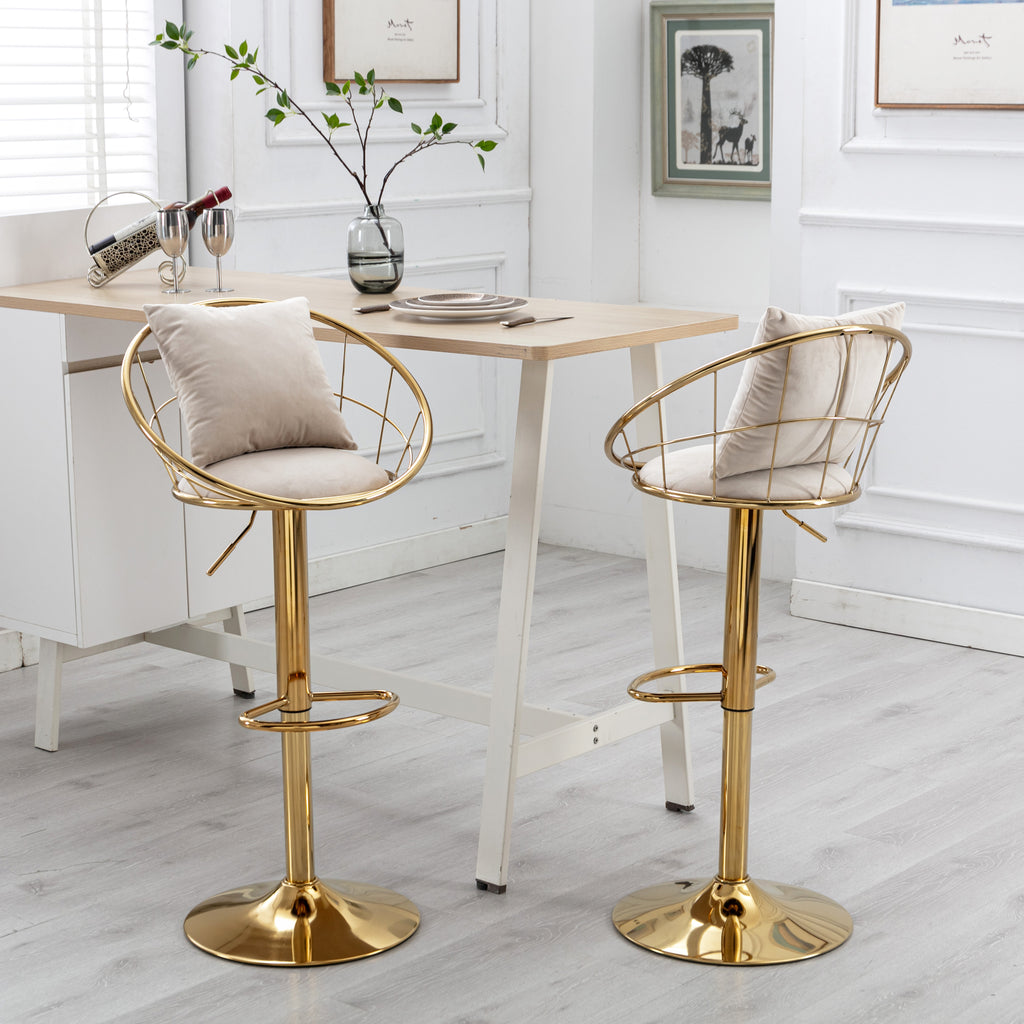 Off-White Velvet Bar Chair, Pure Gold Plated, Unique Design, 360-Degree Rotation, Adjustable Height, Suitable for Dining Room and Bar, Set of 2 - Grand Goldman Shop