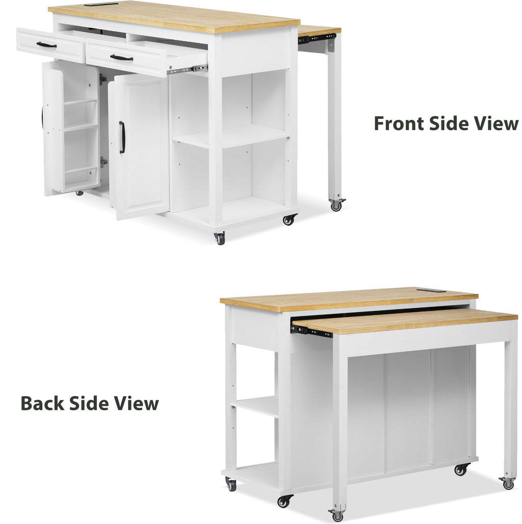 K&K 47 inch Kitchen Island with Extendable Dining Table, Rubber Wood Veneer Kitchen Table with Internal Storage Rack, Power Outlet, Kitchen island with Storage 2 Drawers 2 Cabinet,White - Grand Goldman Shop