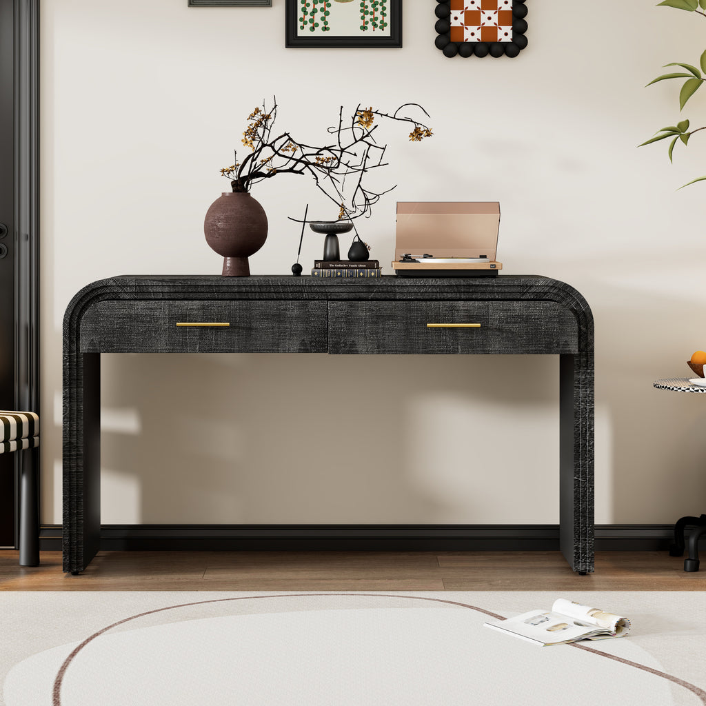 TREXM Unique Retro Silhouette Console Table with Open Style, Two Top Drawers for Entrance, Dinning Room, Living Room (Antique Black) - Grand Goldman Shop