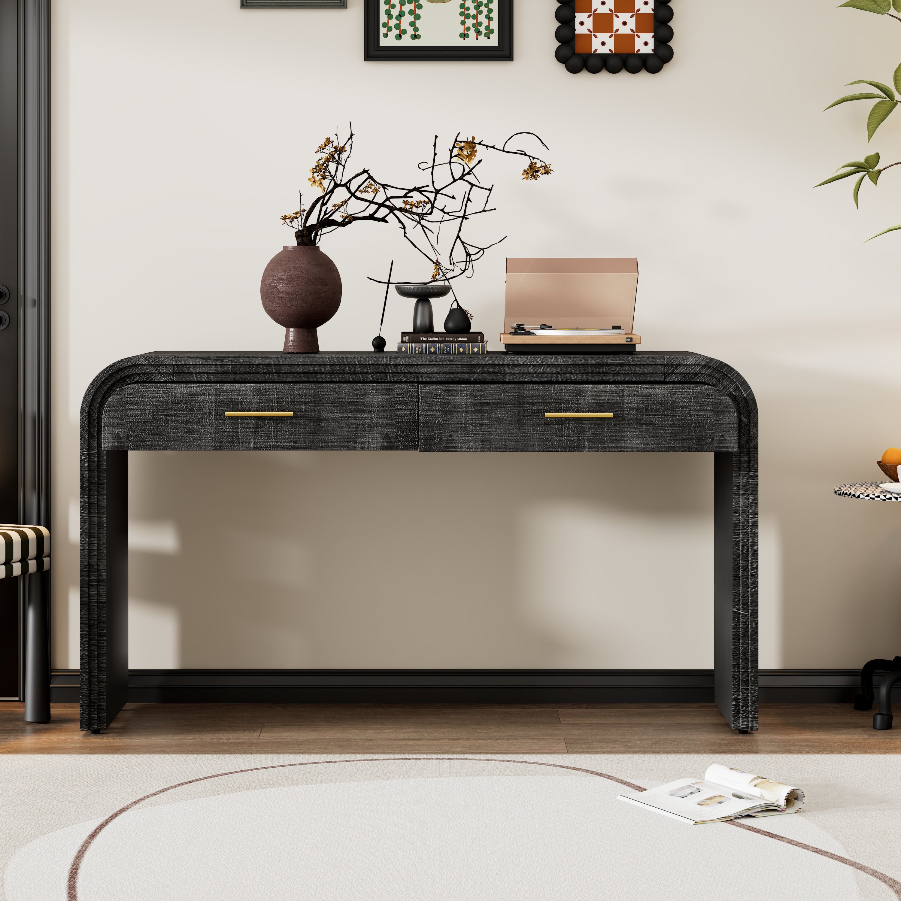 TREXM Unique Retro Silhouette Console Table with Open Style, Two Top Drawers for Entrance, Dinning Room, Living Room (Antique Black) - Grand Goldman Shop