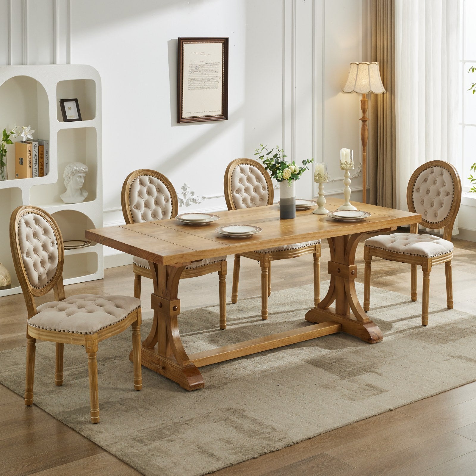 French Style Solid Wood Frame Antique Painting,Hand-pulled buckle decoration Velvet artificial leather Dining Chair with Nailhead Trim ,Wood Legs,Steel Spring inner,Set of 2,Beige,SW1739BG - Grand Goldman Shop