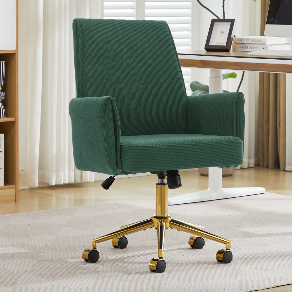 Ergonomic Mid-Back Office Chair with Striped Fabric, Green Corduroy, Adjustable Lumbar Support, Ideal for Work, Study, or Rel