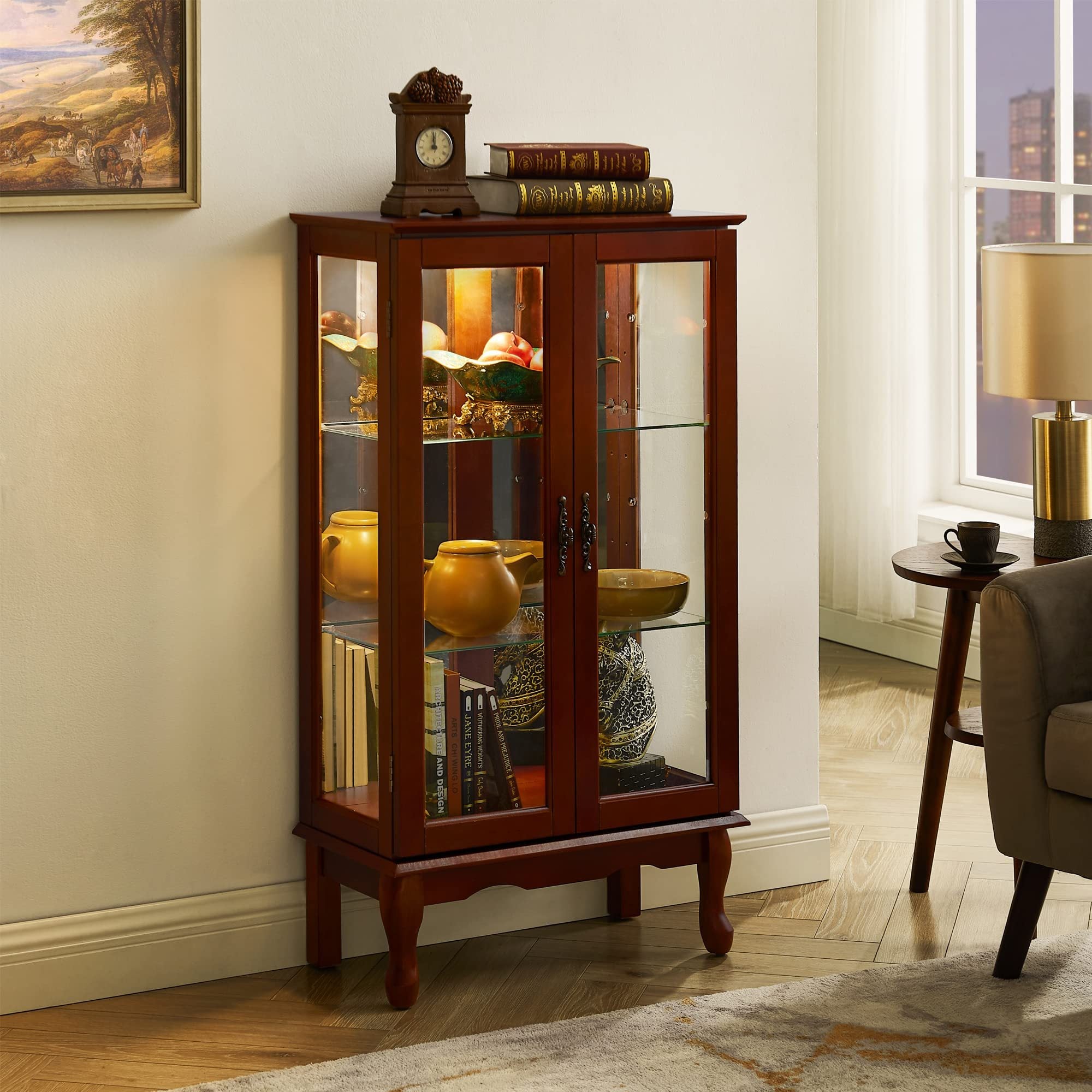 Lighted Curio Cabinet with Adjustable Shelves, Mirrored Back Panel, and Tempered Glass Doors, 3-Tier Cherry Finish - Grand Goldman Shop