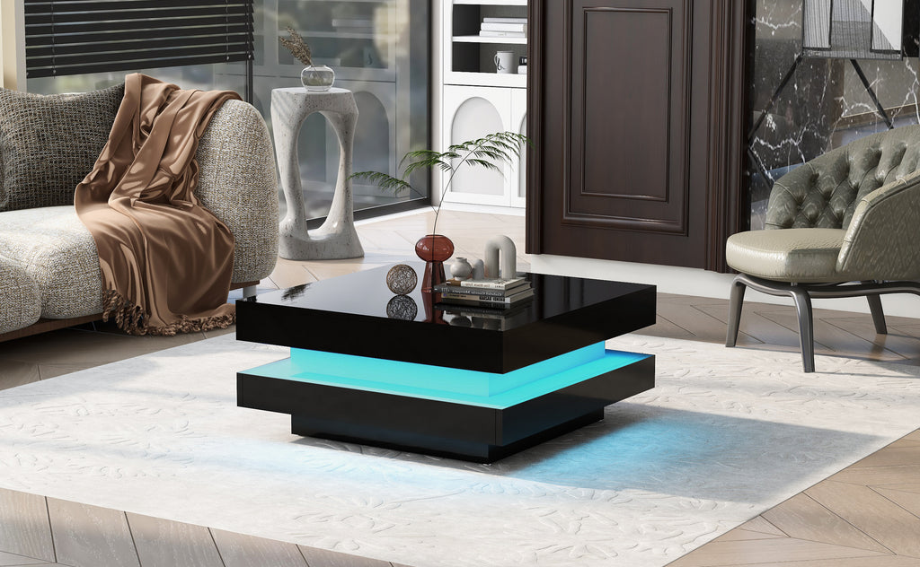 ON-TREND High Gloss Minimalist Design with LED Lights, 2-Tier Square Coffee Table, Center Table for Living Room, 31.5''x31.5''x14.2'',Black - Grand Goldman Shop