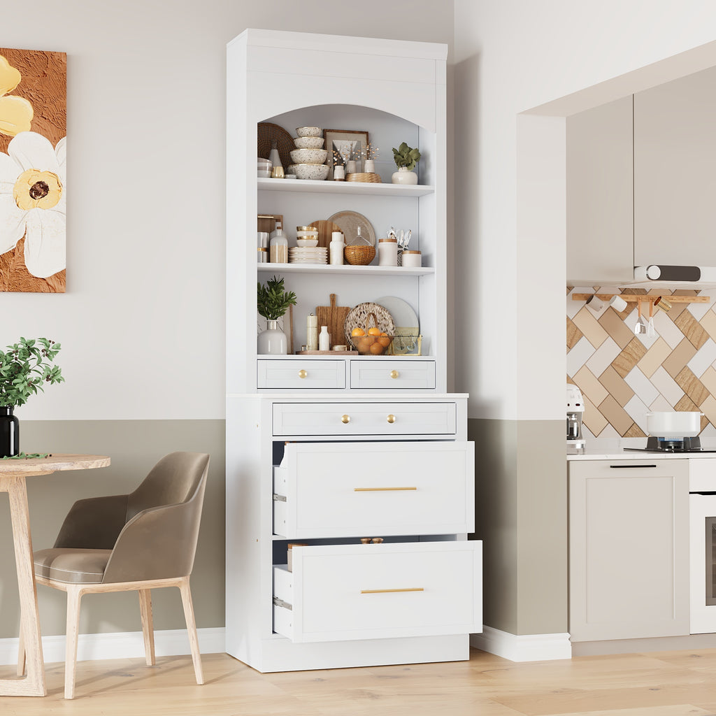 [Assembly Video Provided] TOPMAX Modern 83.7inch High Kitchen Pantry, Freestanding Tall Kitchen Hutch with Faux Marble Top, Display Cupboard Cabinet with 5 Storage Drawers and Adjustable Shelf, White - Grand Goldman Shop
