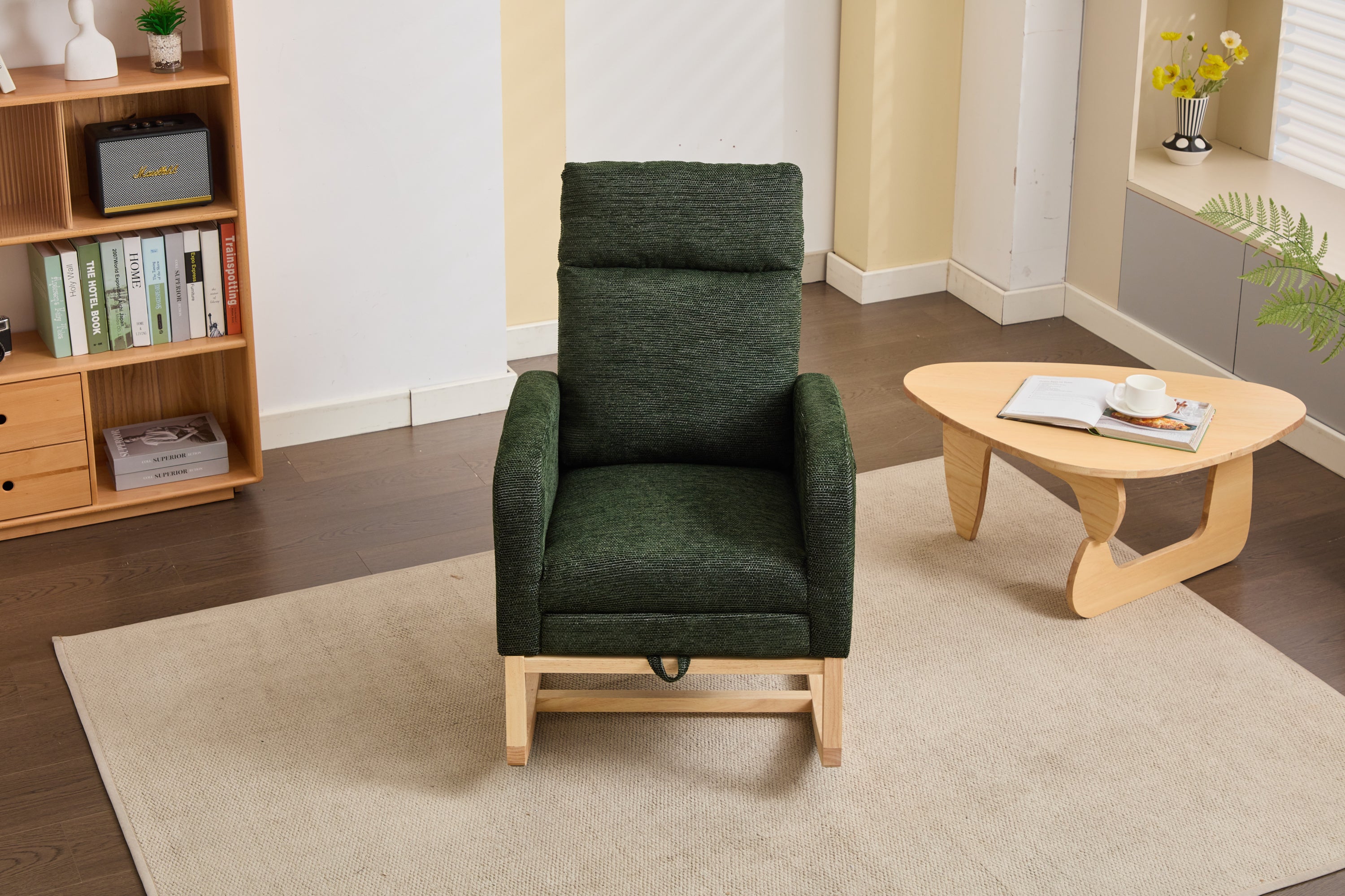 Modern Accent Rocking Chair Rocking Chair with Solid Wood Legs, Upholstered Nursery Glider Rocker, Comfy Armchair with Side Pocket, Living Room Lounge Arm Chair with High Backrest fabric - Grand Goldman Shop