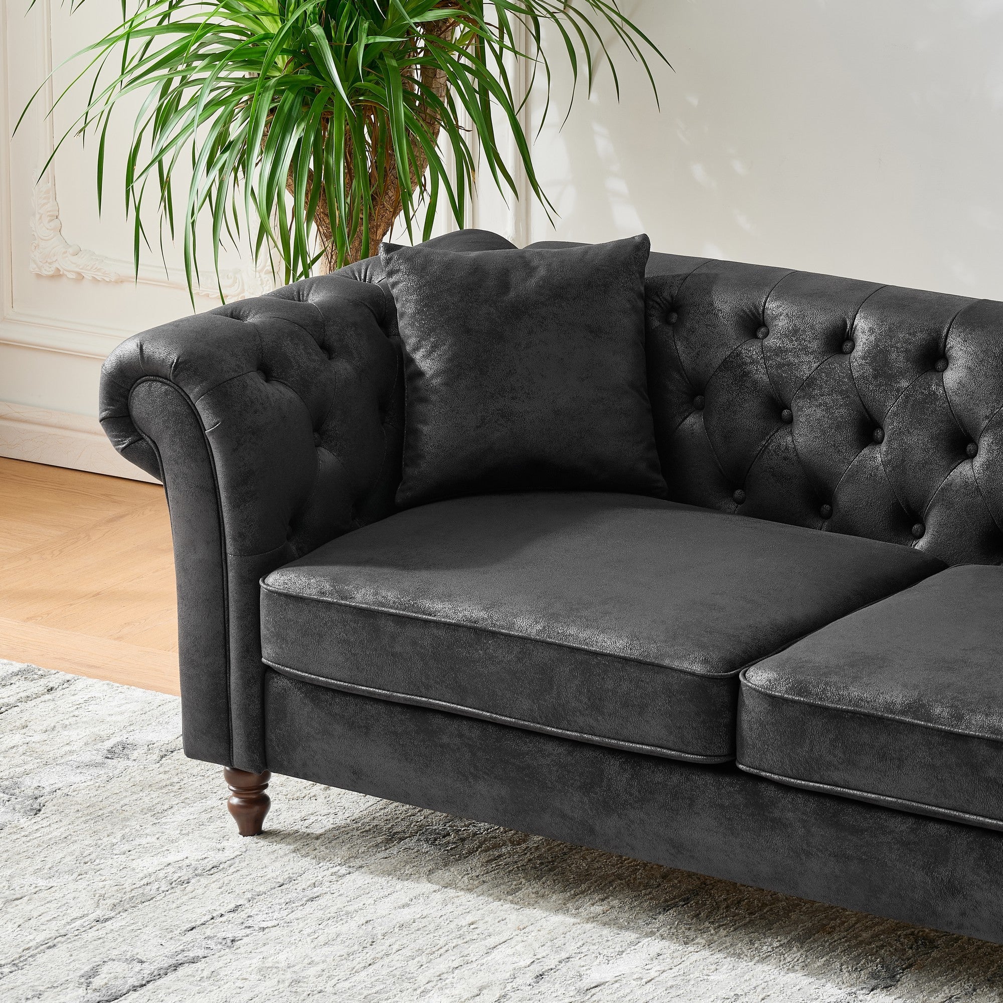 Chesterfield Faux Leather Sofa, High-tech Fabric Roll Armrest, Black, 66' - Grand Goldman Shop