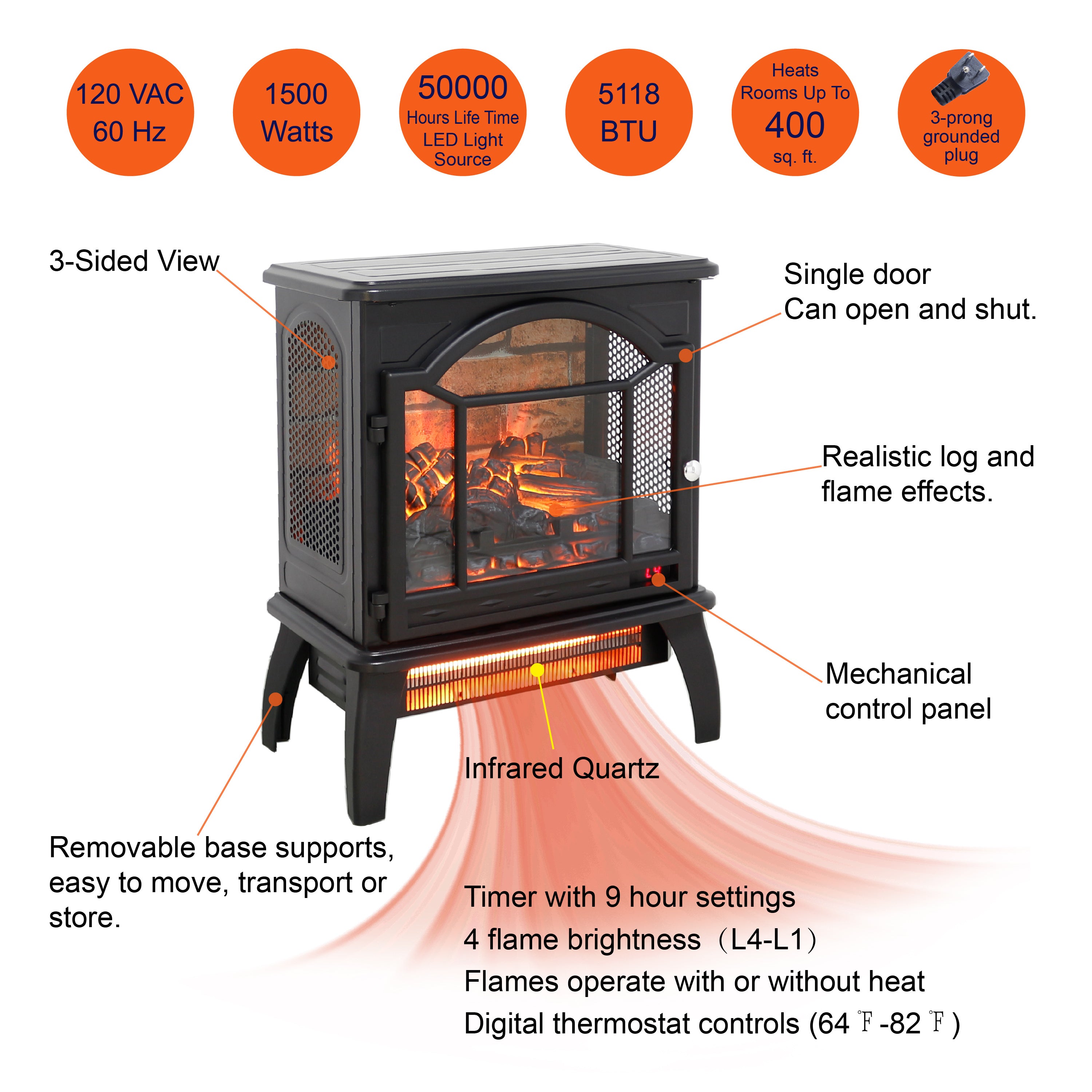 Antique Black 3D Flame Electric Infrared Quartz Fireplace Stove with Remote Control, Tempered Glass and Sheet Metal, 18 Inch - Grand Goldman Shop