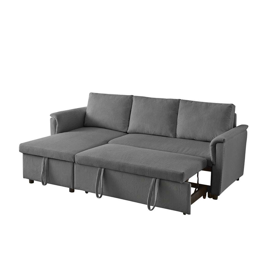 Loveseat Sofa with Chaise Lounge L-Shaped Modular Convertible Sofa with Storage Chaise, Corduroy Tufted Upholstered Sleeper Sectional Sofa,Pull Out Sleep Couch Bed and Reclining Backrest-Gray - Grand Goldman Shop