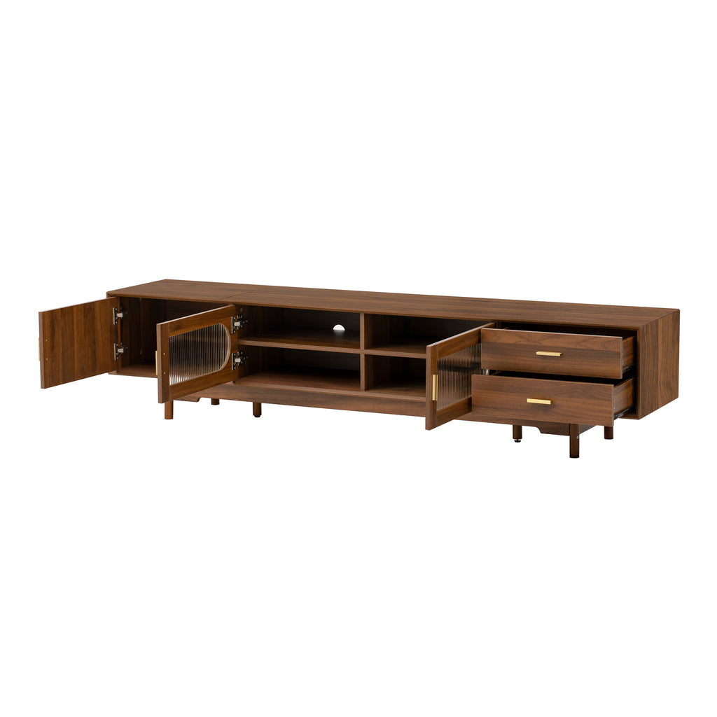 Modern TV Stand for 75-85 inch TVs with Fluted Glass Doors, 2 Drawers, Walnut Solid Wood Legs, 78.7'' L - Grand Goldman Shop