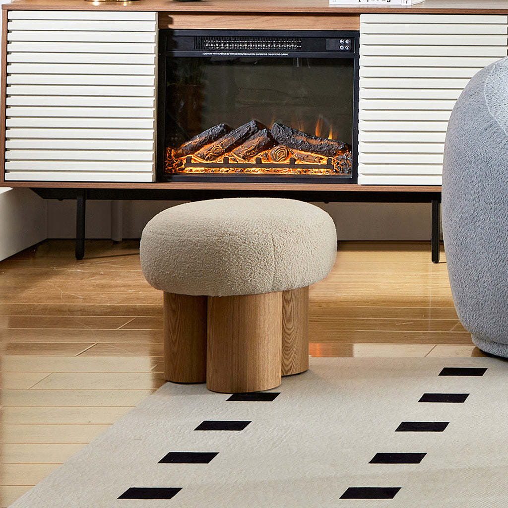 W8017-1 Mushroom Stool with Greige Plush Cushion, Wooden Barrel PVC Pipe, Walnut Finish - Grand Goldman Shop