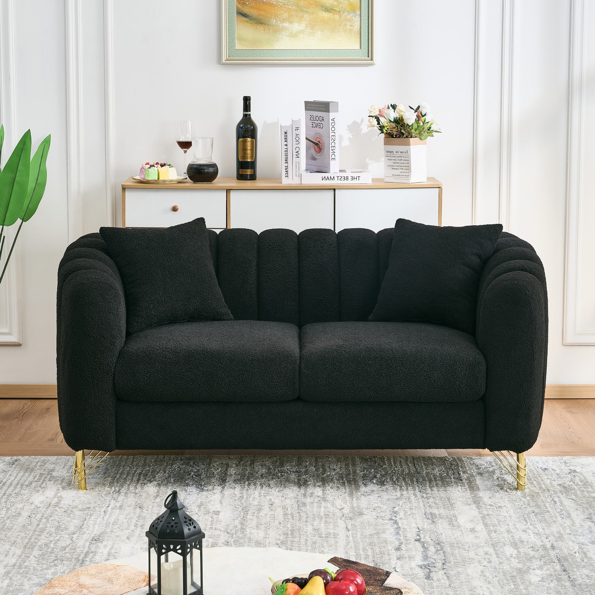 Modern Chenille Loveseat Sofa with Gold Metal Legs, Black Upholstery for Living Room and Bedroom - Grand Goldman Shop