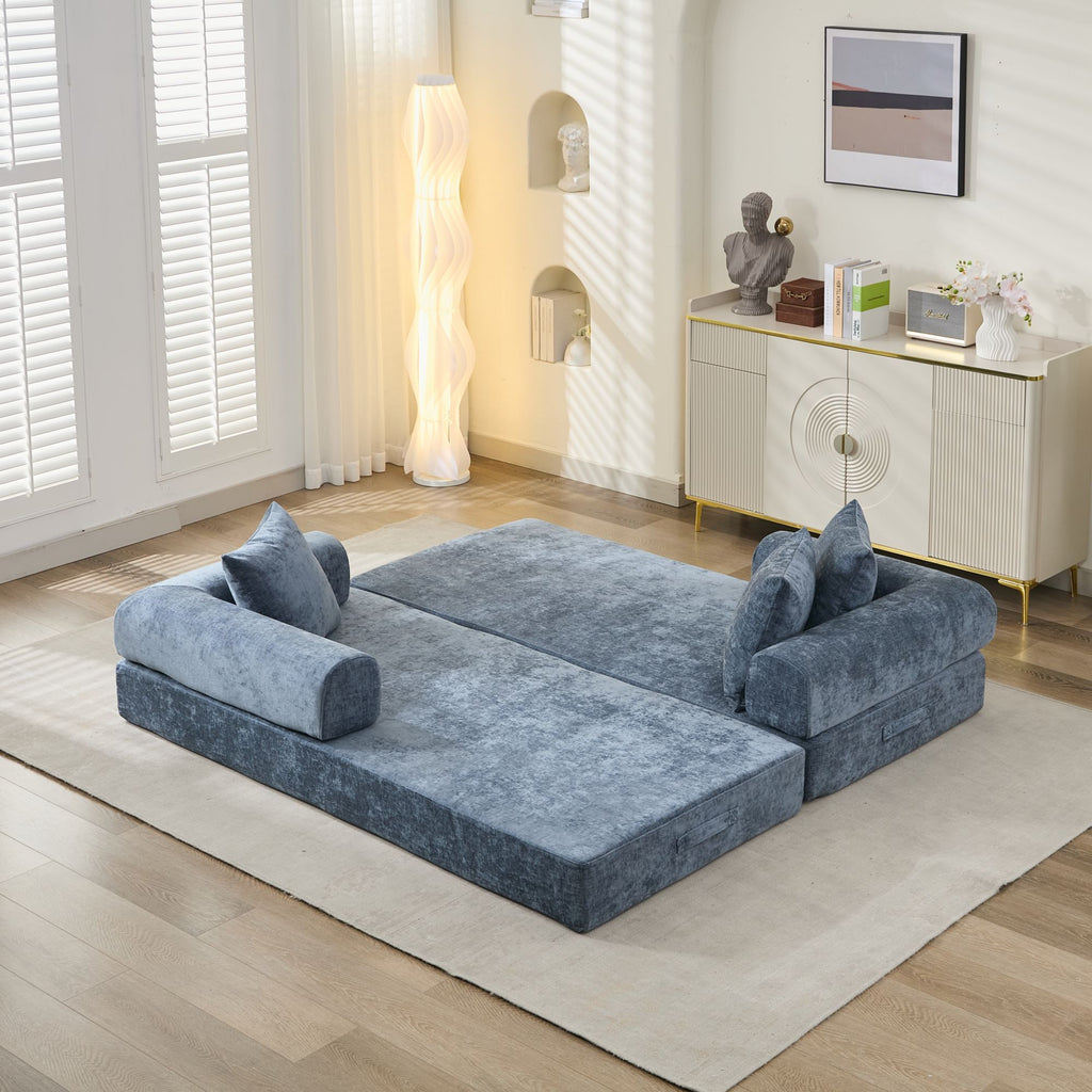 Comfy Convertible Folding Mattress Couch, Floor Sofa Bed, Chenille Floor Sofa with Armrest, Floor Sofa Lounge Couch for Living Room Bedroom Lounge Studio-Blue - Grand Goldman Shop