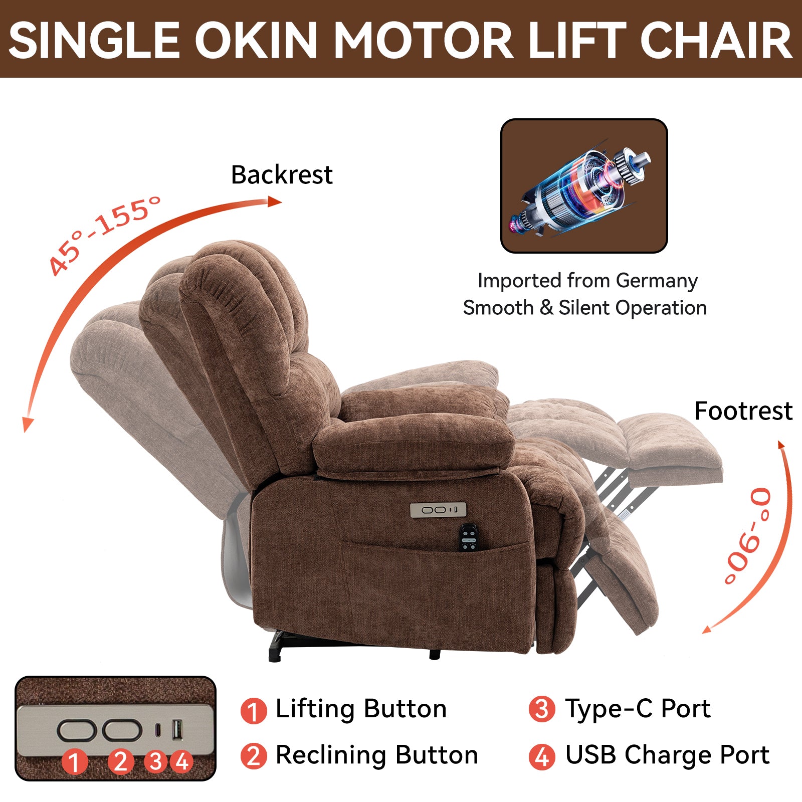 23' Seat Width and High Back Large Size Chenille Power Lift Recliner Chair with 8-Point Vibration Massage and Lumbar Heating, Brown - Grand Goldman Shop