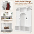 ON-TREND Modern All-in-One Hall Tree with Adjustable Shelves, Classic Arched Farmhouse Storage Bench with Dual Side Cabinets, Elegant Entryway Organizer with 7 Hooks for Mudroom, Hallway, White - Grand Goldman Shop