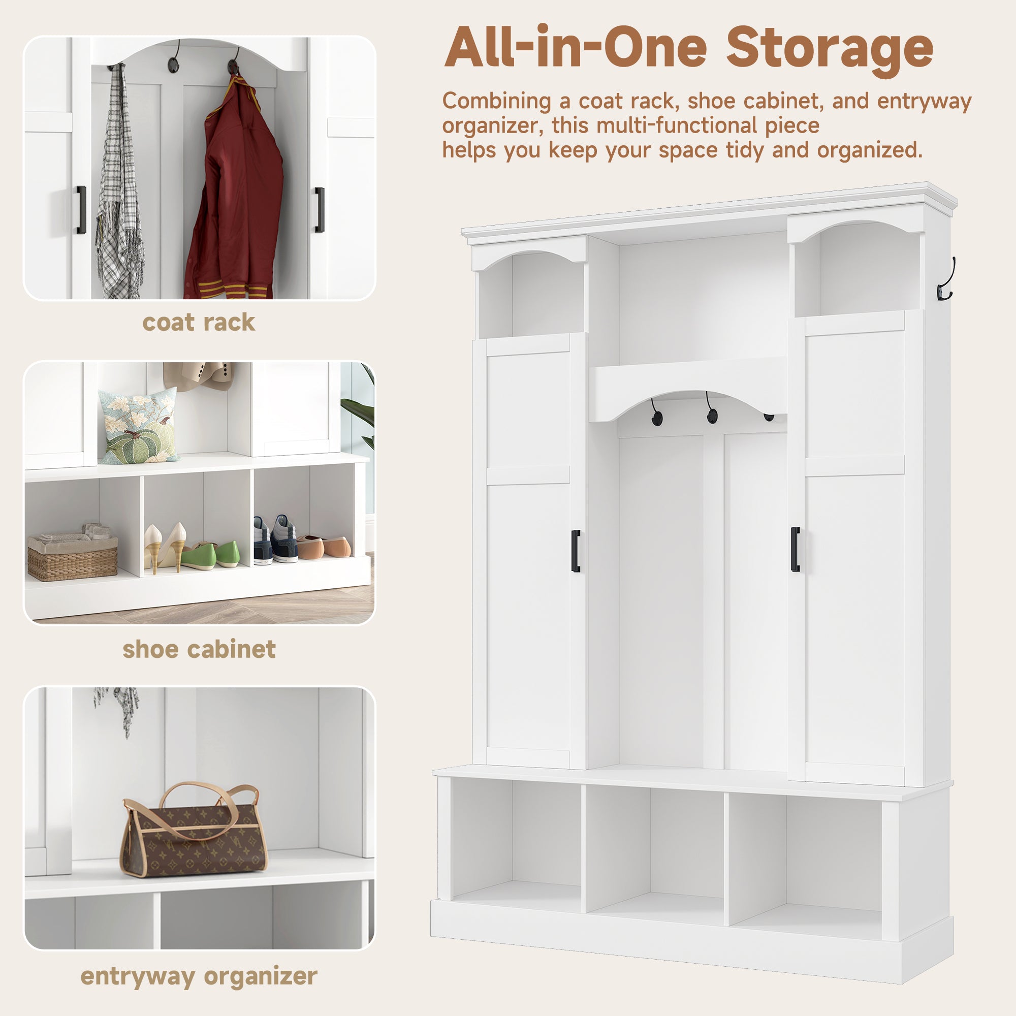 ON-TREND Modern All-in-One Hall Tree with Adjustable Shelves, Classic Arched Farmhouse Storage Bench with Dual Side Cabinets, Elegant Entryway Organizer with 7 Hooks for Mudroom, Hallway, White - Grand Goldman Shop