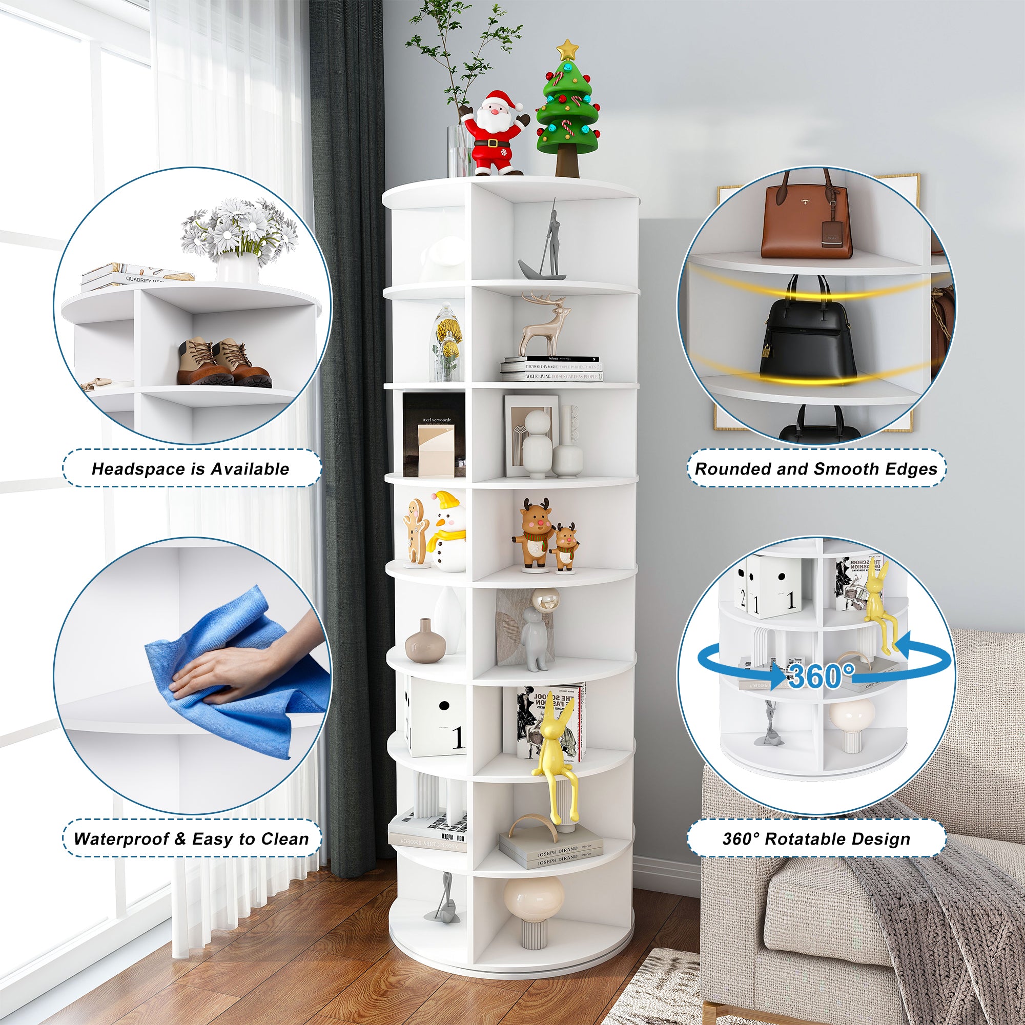 Rotating Shoe Rack Tower, 8-Tier Spinning Storage Rack, Free Standing 360° Revolving Organizer in White with PVC Construction, Holds 32 Pairs of Shoes - Grand Goldman Shop