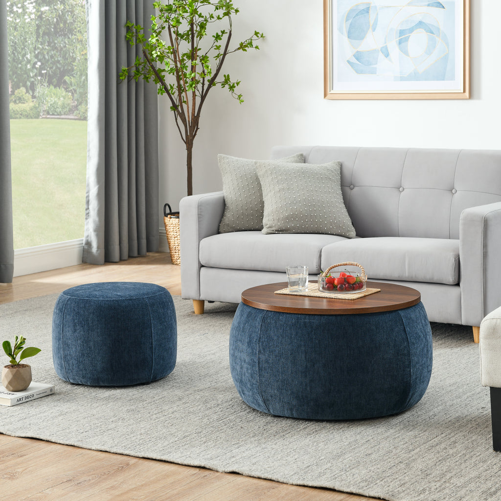 Dark Blue Round Storage Ottoman with 2 in 1 Function as End Table and Ottoman, Eucalyptus Wood and Foam, 25'x25'x14.7' - Grand Goldman Shop