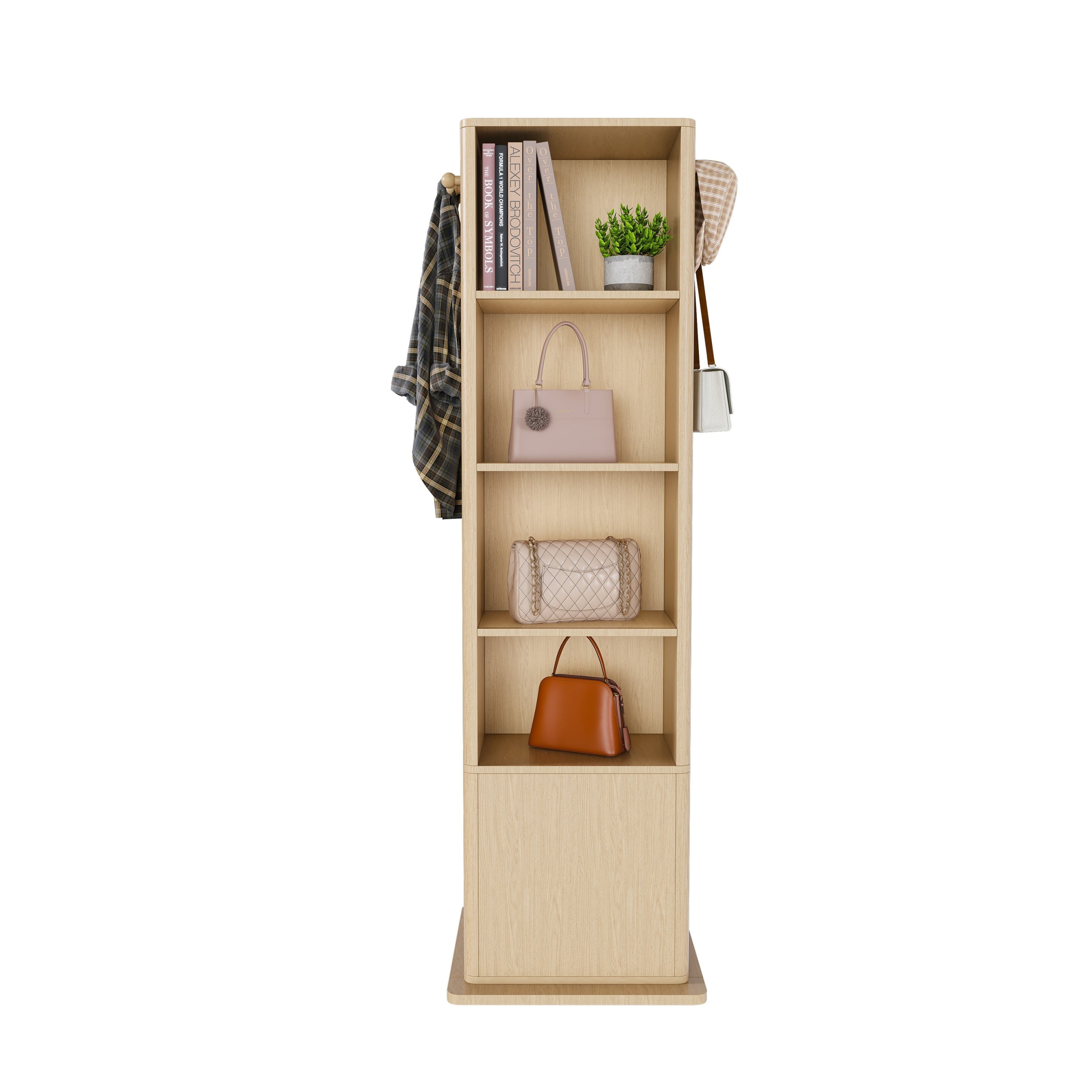 360° Rotating Makeup Cabinet in Walnut with Full-Length Mirror, Jewelry Storage, Coat Rack, 4 Open Shelves & 2 Built-In Shelves - Grand Goldman Shop