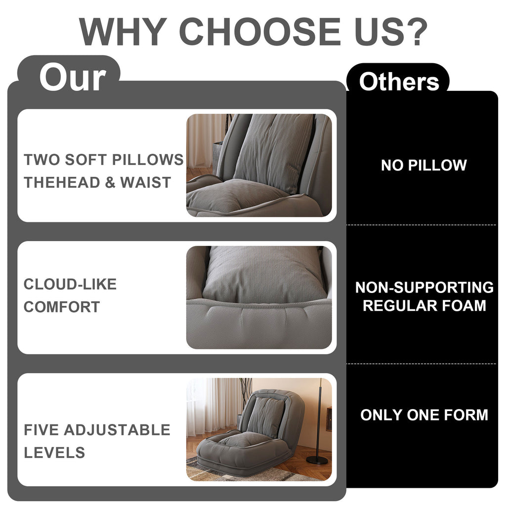 Upholstered Foldable Lazy Sofa Bed for Adults and Pets, 5-Position Adjustable Recliner with 2 Soft Pillows in Grey Corduroy Fabric - Grand Goldman Shop