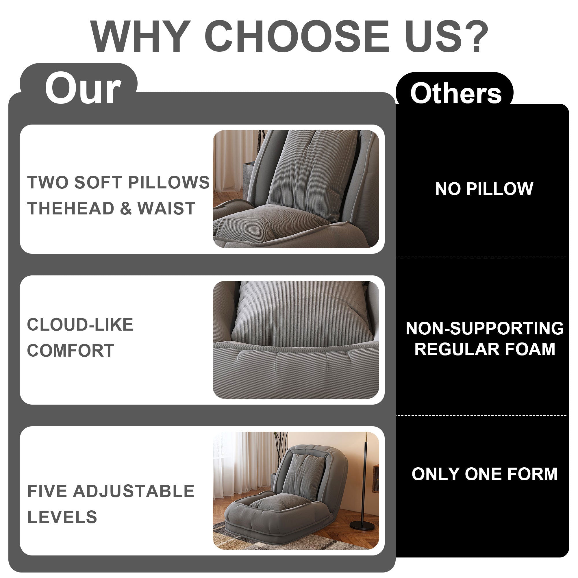 Upholstered Foldable Lazy Sofa Bed for Adults and Pets, 5-Position Adjustable Recliner with 2 Soft Pillows in Grey Corduroy Fabric - Grand Goldman Shop