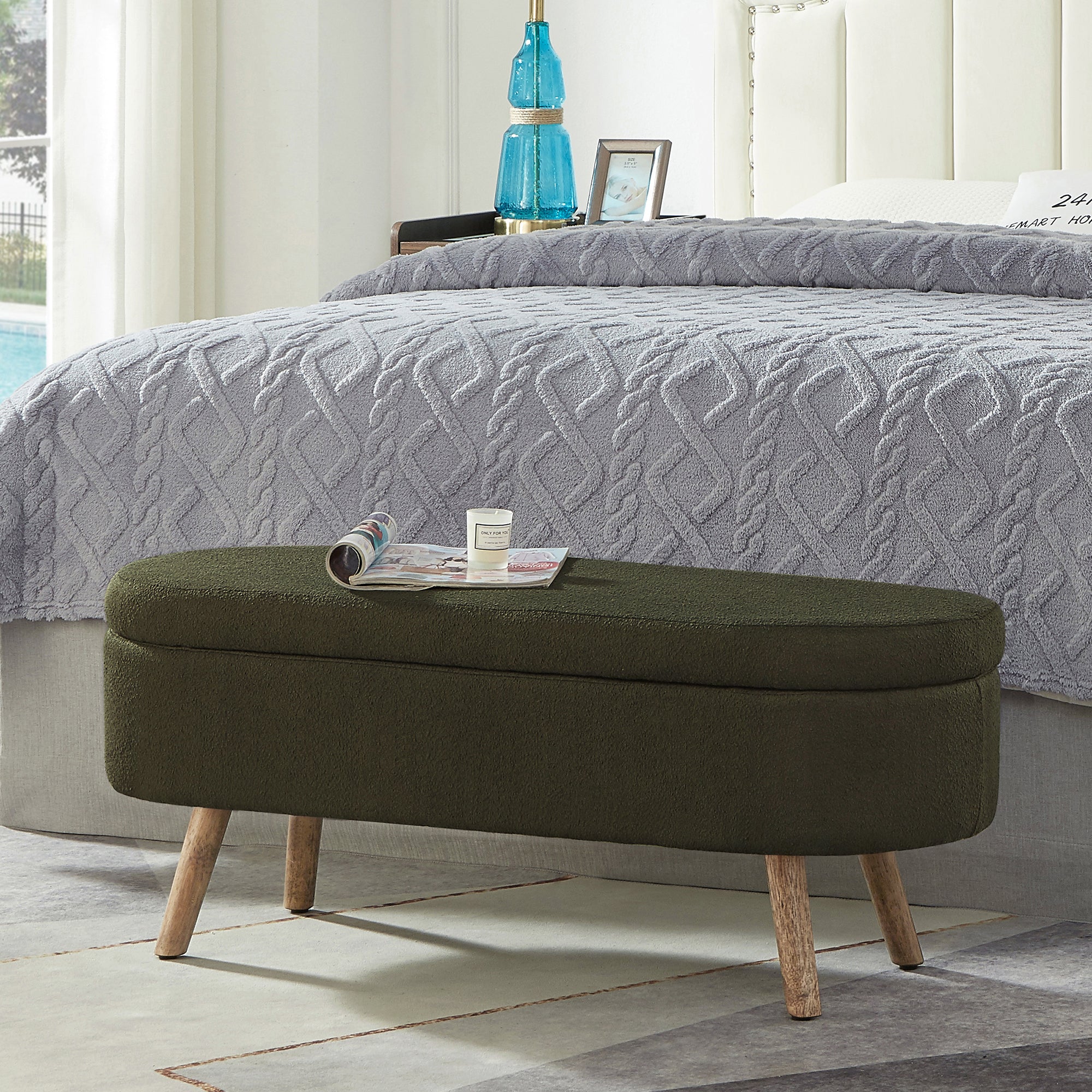 Luxury Oval Boucle Storage Ottoman Bench with Wood Legs 350lb Weight Capacity & Safety Hinge, for Living Room, Bedroom Entryway,DARK GREEN - Grand Goldman Shop